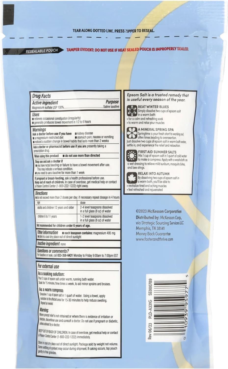 Foster & Thrive 1 lb Pouch Epsom Salt Granules - Magnesium Sulfate USP 100% - Saline Laxative - Multi Purpose