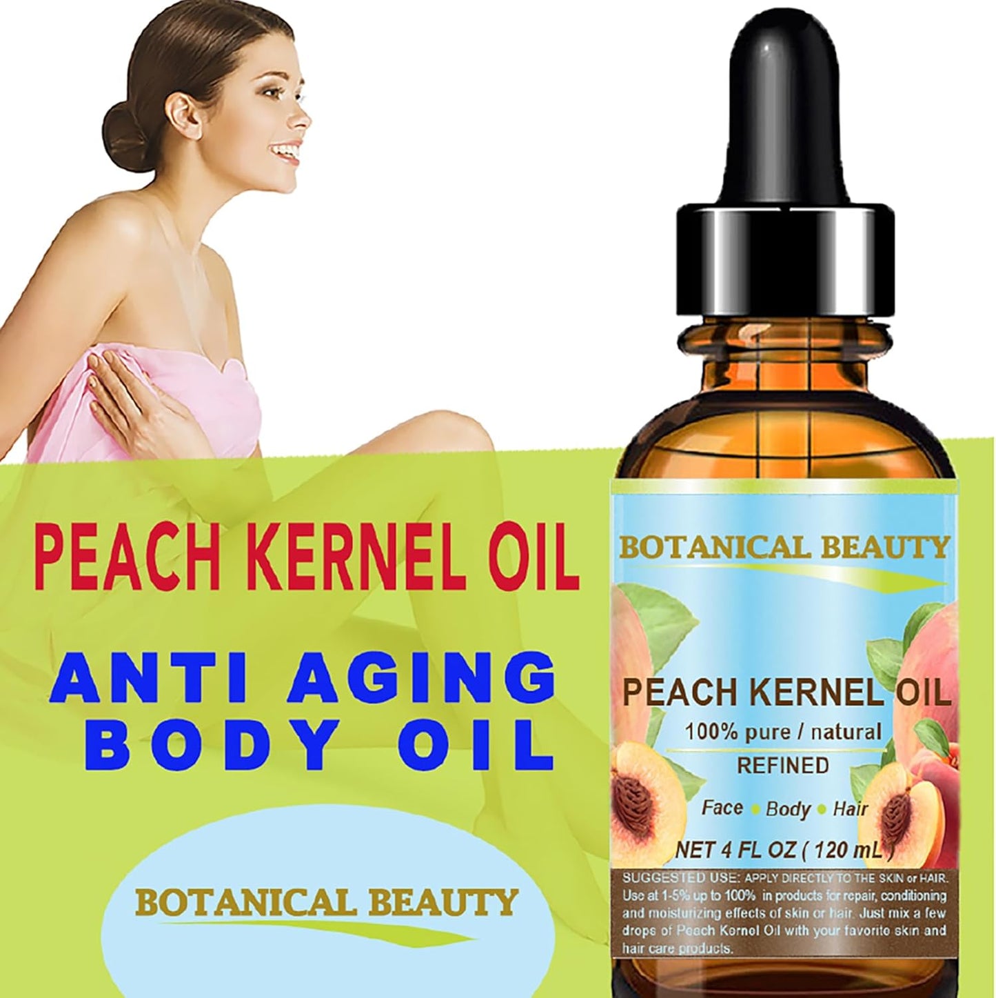 Botanical Beauty Peach Kernel Oil. 100% Pure Natural Undiluted Refined Cold Pressed Carrier Oil for Face, Skin, Hair, Massage, Lip, Nail Care. 4 Fl. oz-120 ml