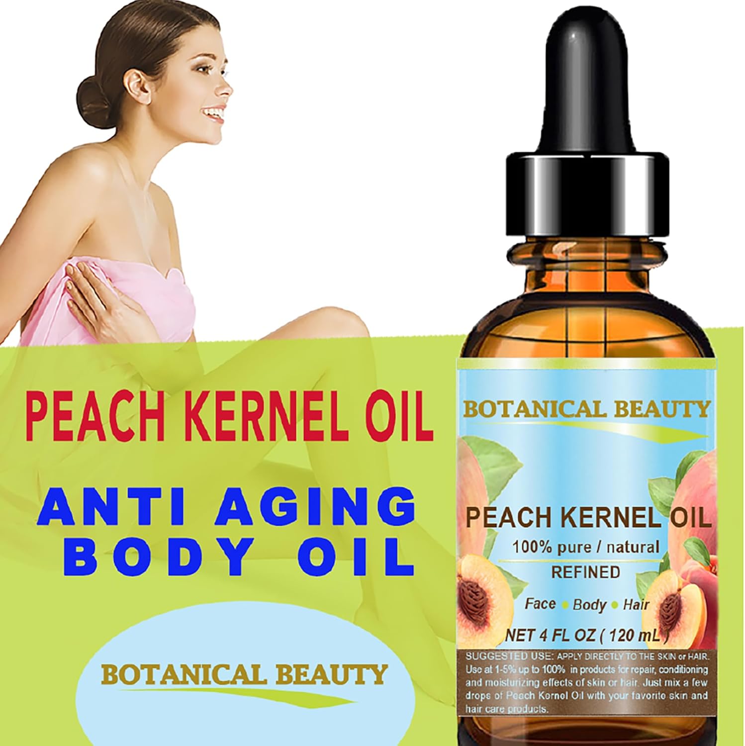 Botanical Beauty Peach Kernel Oil. 100% Pure Natural Undiluted Refined Cold Pressed Carrier Oil for Face, Skin, Hair, Massage, Lip, Nail Care. 4 Fl. oz-120 ml
