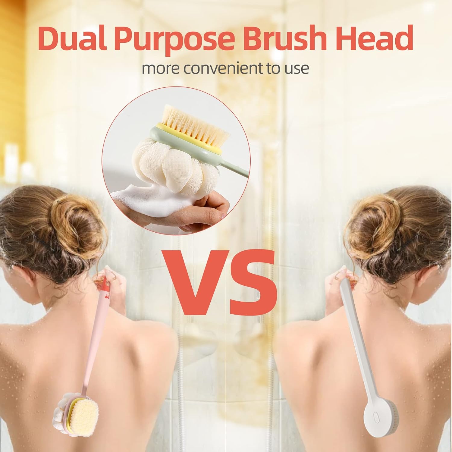 Body Shower Brush with Bristles and Loofah,Back Scrubber Bath Mesh Sponge with Long Handle for Skin Exfoliating Bath, Massage Bristles Suitable for Wet or Dry, Men and Women (Pink & Green)