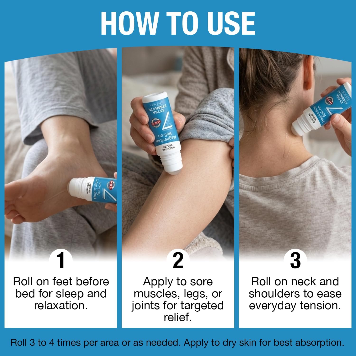 Seven Minerals Extra Strength Magnesium Roll On Stick - Pure USP Grade Magnesium for Feet, Sleep, Muscle Pain & Cramps - Fast Absorbing & Mess-Free, USA Made, 3 Fl Oz