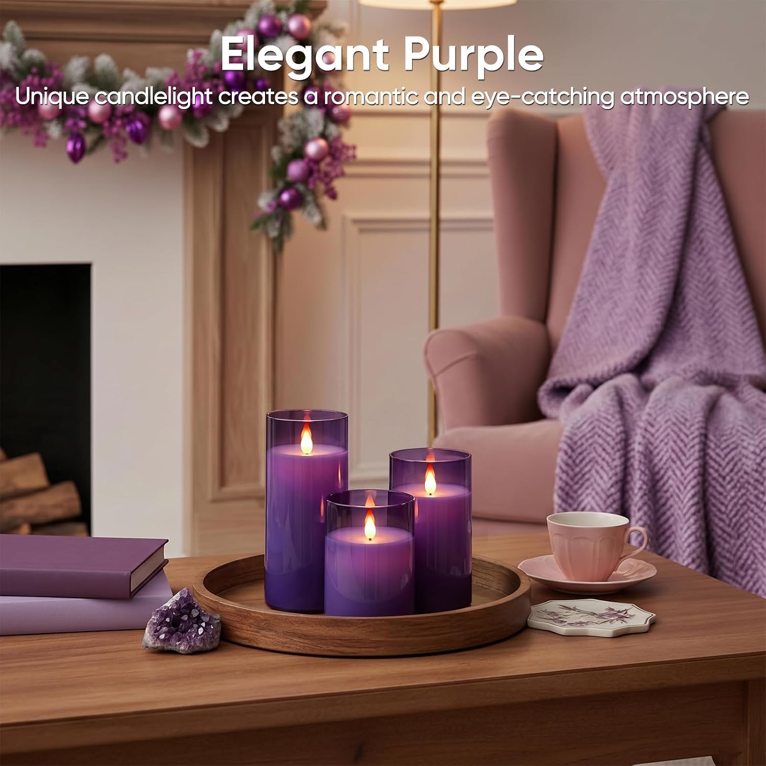 Homemory Purple Flameless Candles, Flickering Battery Operated LED Pillar Candles with Remote Timer, Acrylic Violet Fake Candles, Decorative Candles for Home Wedding Party Halloween Decor, Set of 3