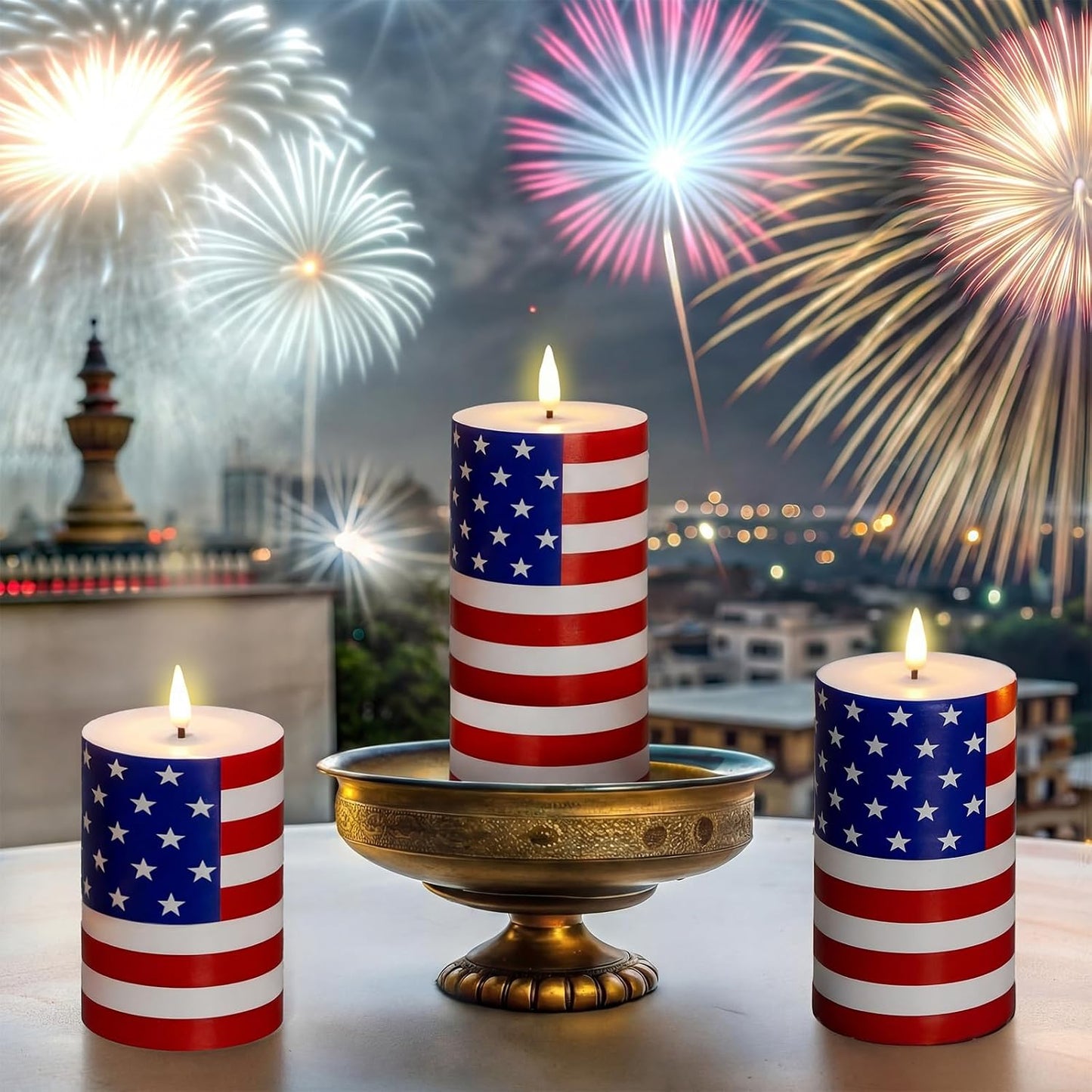 Tuanse Set of 3 Patriotic American Flag Flameless Candles 250th Anniversary Battery Operated 4th of July American Flag Pillar Candle, Mixed Size LED Light Candle for Table Dinner Independence Decor