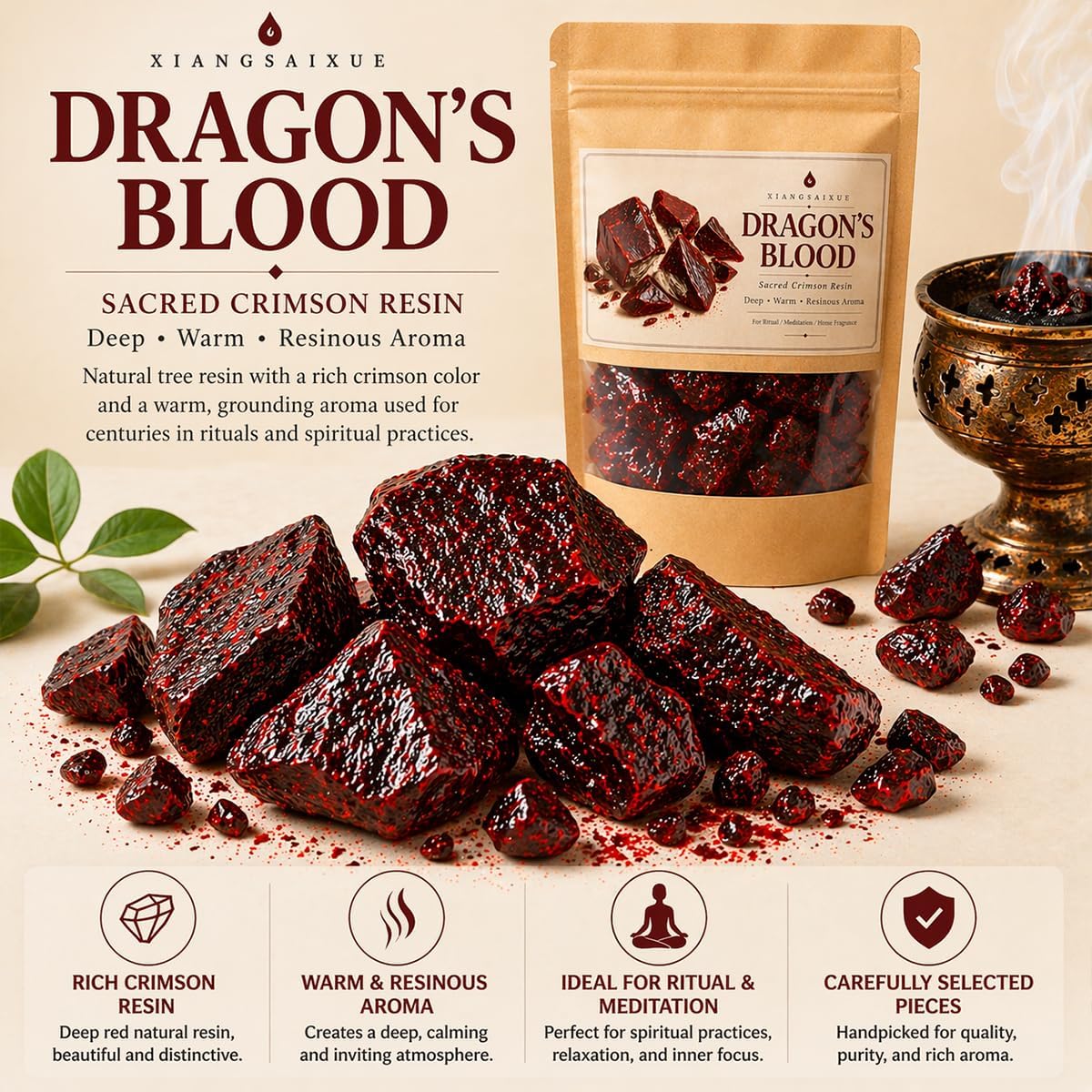 Dragon’s Blood Resin, Premium Natural Resin Incense for Meditation, Aromatherapy, Spiritual Rituals & Home Fragrance, Rich Crimson Resin (30g / 120g) (Dragon's Blood 30g)