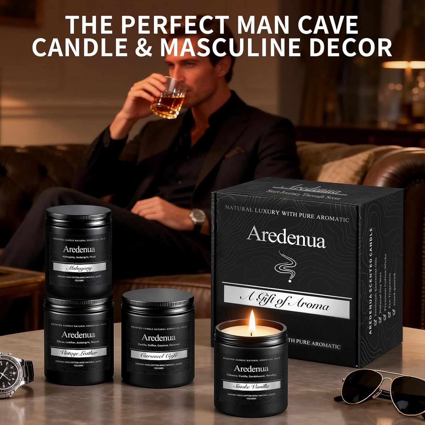 Men’s Candle Set for Dad, 4 Pack Masculine Scented Candles – Gentlemen Candle Aromatherapy Gifts for Fathers Day - Soy Candles for Home, Scent of Leather/Smoke & Vanilla/Mahogany/Coffee
