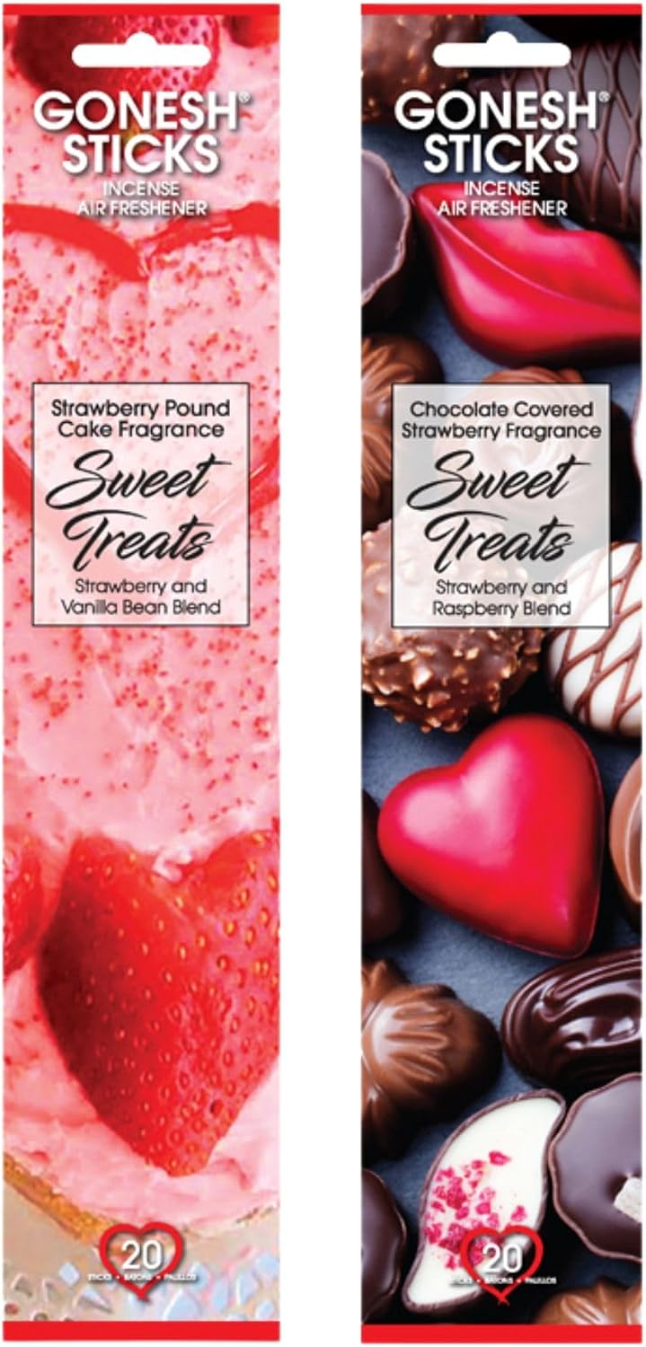 Gonesh Sweet Treats Collection - Incense Sticks Variety Pack - Non-Toxic 10” Slow Burn Aromatic Sticks - Strawberry Pound Cake, Chocolate Covered Strawberry - 20 Sticks Each