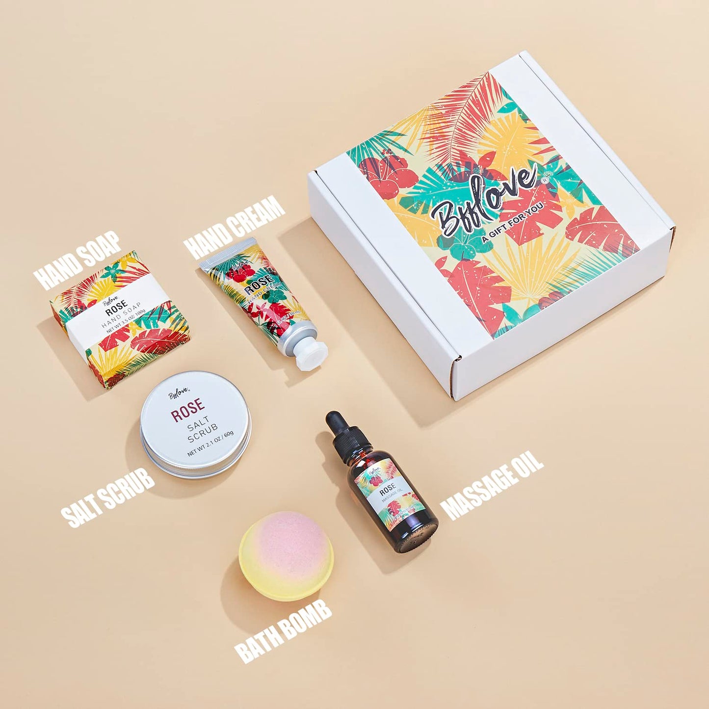 Spa Gifts for Women, Gift Set, Self Care Kit, Birthday Gifts, 5pc Rose Bath Sets Include Massage Oil, Bath Bomb, Salt Scrub, Soap, Hand Cream, Mother's Day Gifts for Mom