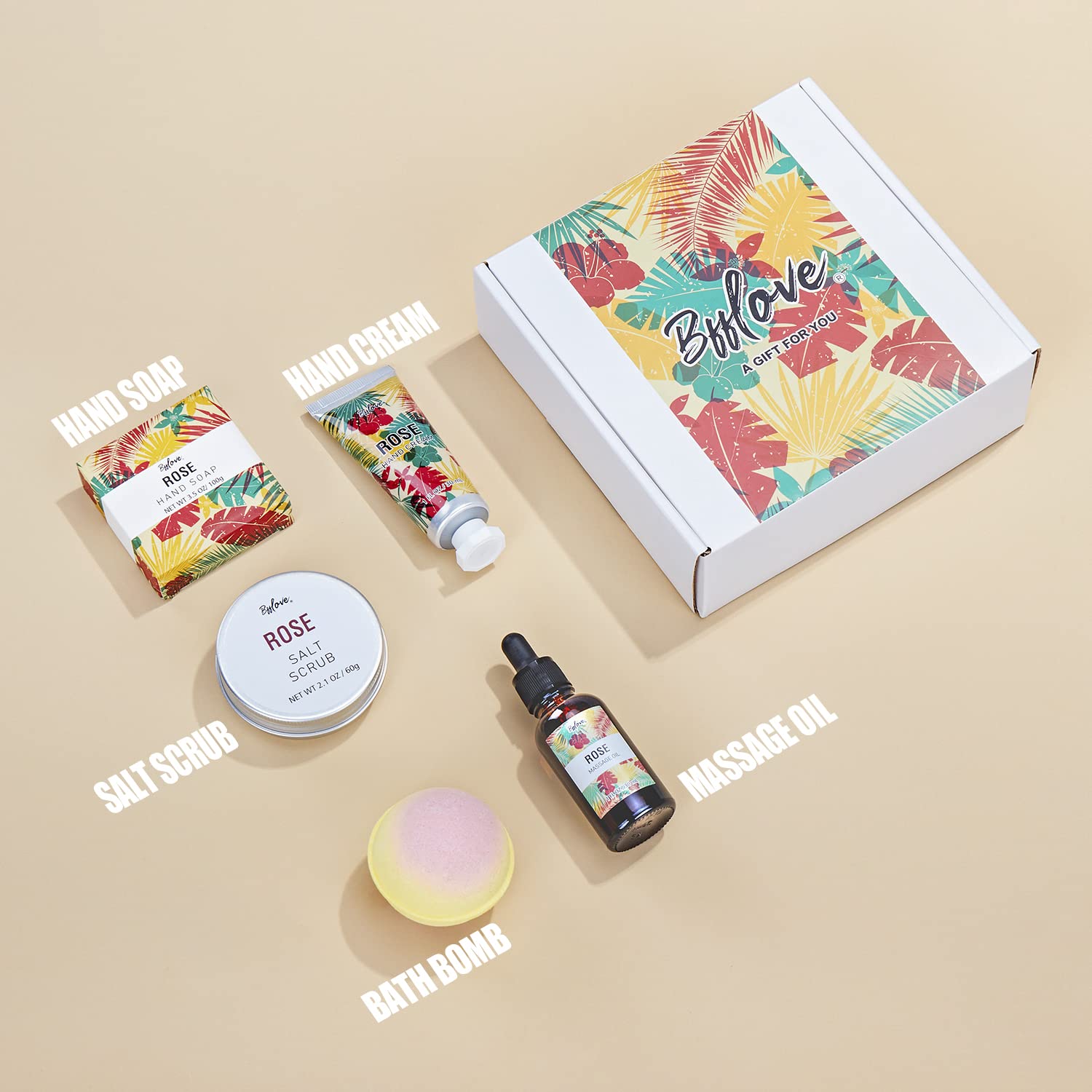 Spa Gifts for Women, Gift Set, Self Care Kit, Birthday Gifts, 5pc Rose Bath Sets Include Massage Oil, Bath Bomb, Salt Scrub, Soap, Hand Cream, Mother's Day Gifts for Mom