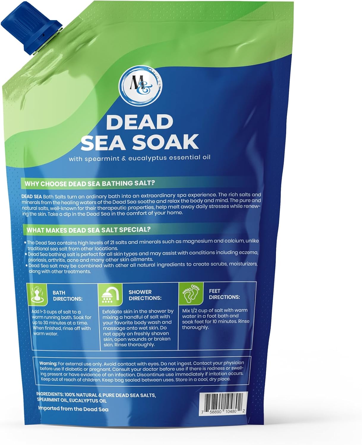 Dead Sea Salts for Soaking, Mineral Salt for Bath, Spa, Shower – More Minerals Than Epsom Salt, Pure and Natural Bath Salt for Foot Soak, Fine 2 Pound (Scent Spearmint Eucalyptus)