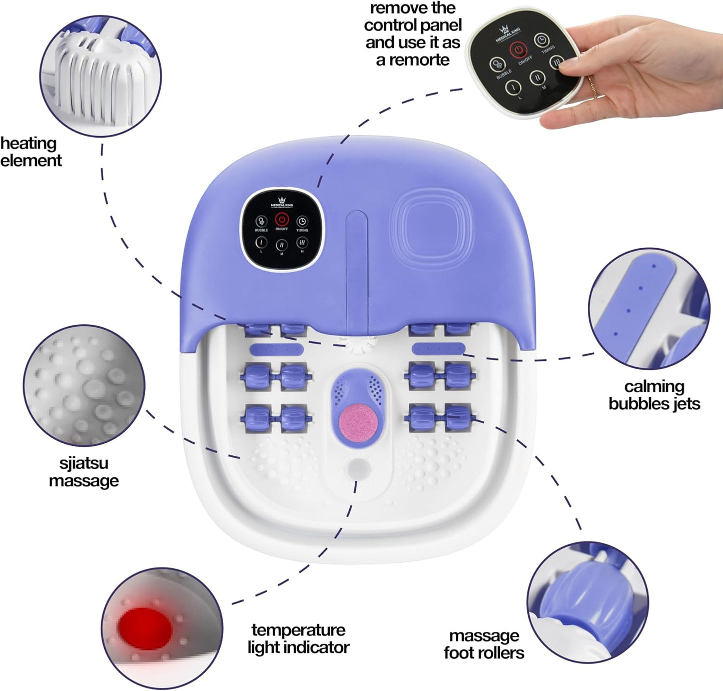 Medical king Foot Spa with Heat and Massage and Jets Includes A Remote Control A Pumice Stone Collapsible Foot Spa Massager with Heat and Massage Bubbles and Vibration