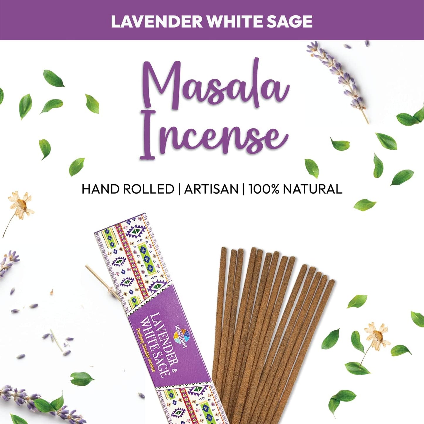 Sacred Element's Lavender & White Sage Masala Incense Sticks – Calming Aromatherapy Blend for Meditation, Relaxation & Cleansing – Perfect Fall or Housewarming Gift – 15g Pack (Total 100+ Sticks)