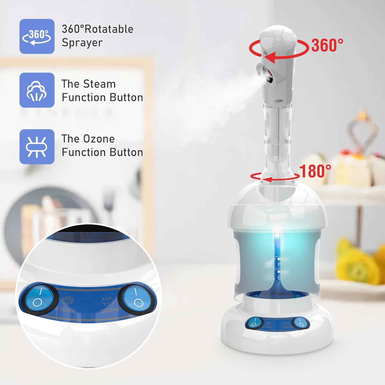 Facial Steamer - Ozone Steamer with Extendable Arm - Professional Nano Ionic Facial Steamer for Deep Cleaning - Portable for Personal Care Use at Home or Salon