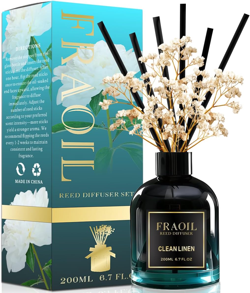 Clean Linen Reed Diffuser, Reed Diffuser Set 6.7 fl oz (200 ml) with 6 Reed Sticks, Home Fragrance Reed Diffuser for Bathroom Shelf House Bedroom Office Decor