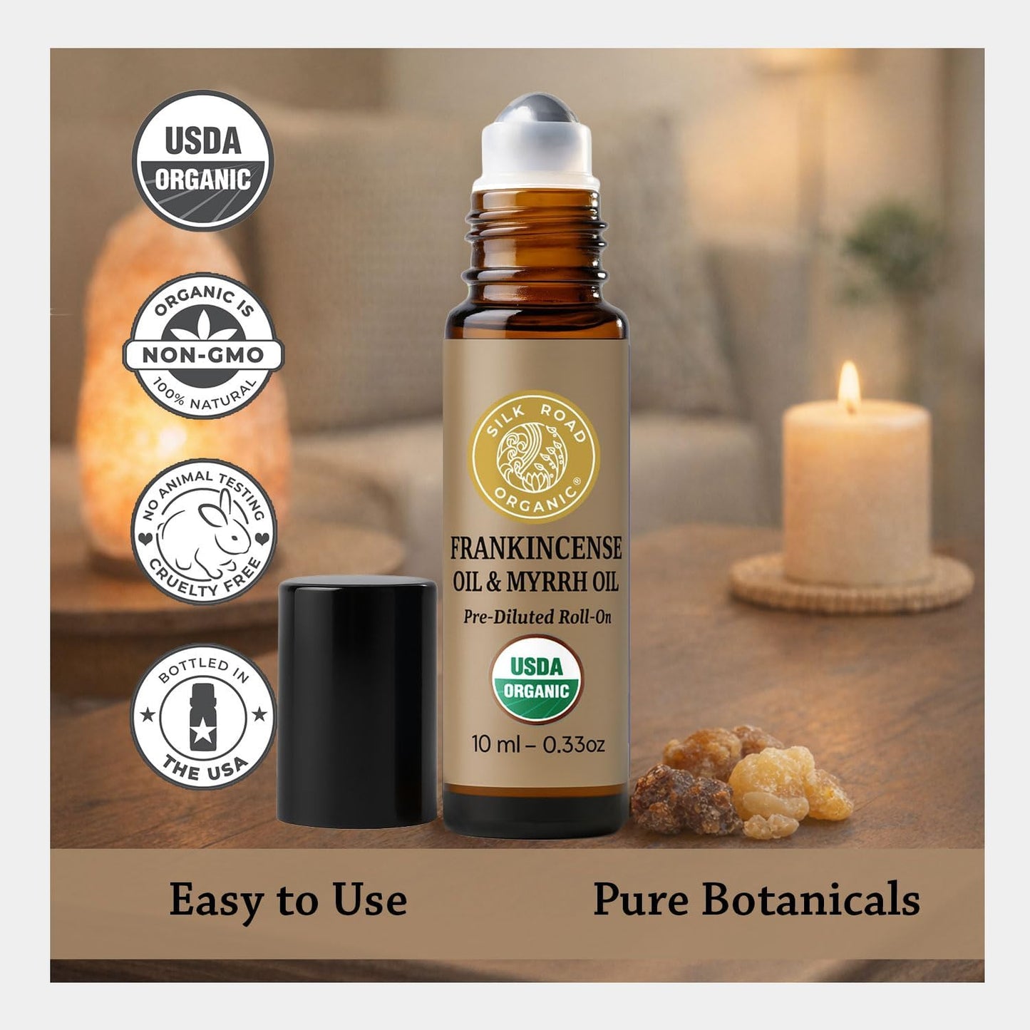 Silk Road Organic Frankincense Oil & Myrrh Essential Oil Roll On for Body Aches, Stiffness & Tingling - USDA Certified Aromatherapy Roller, 10ml