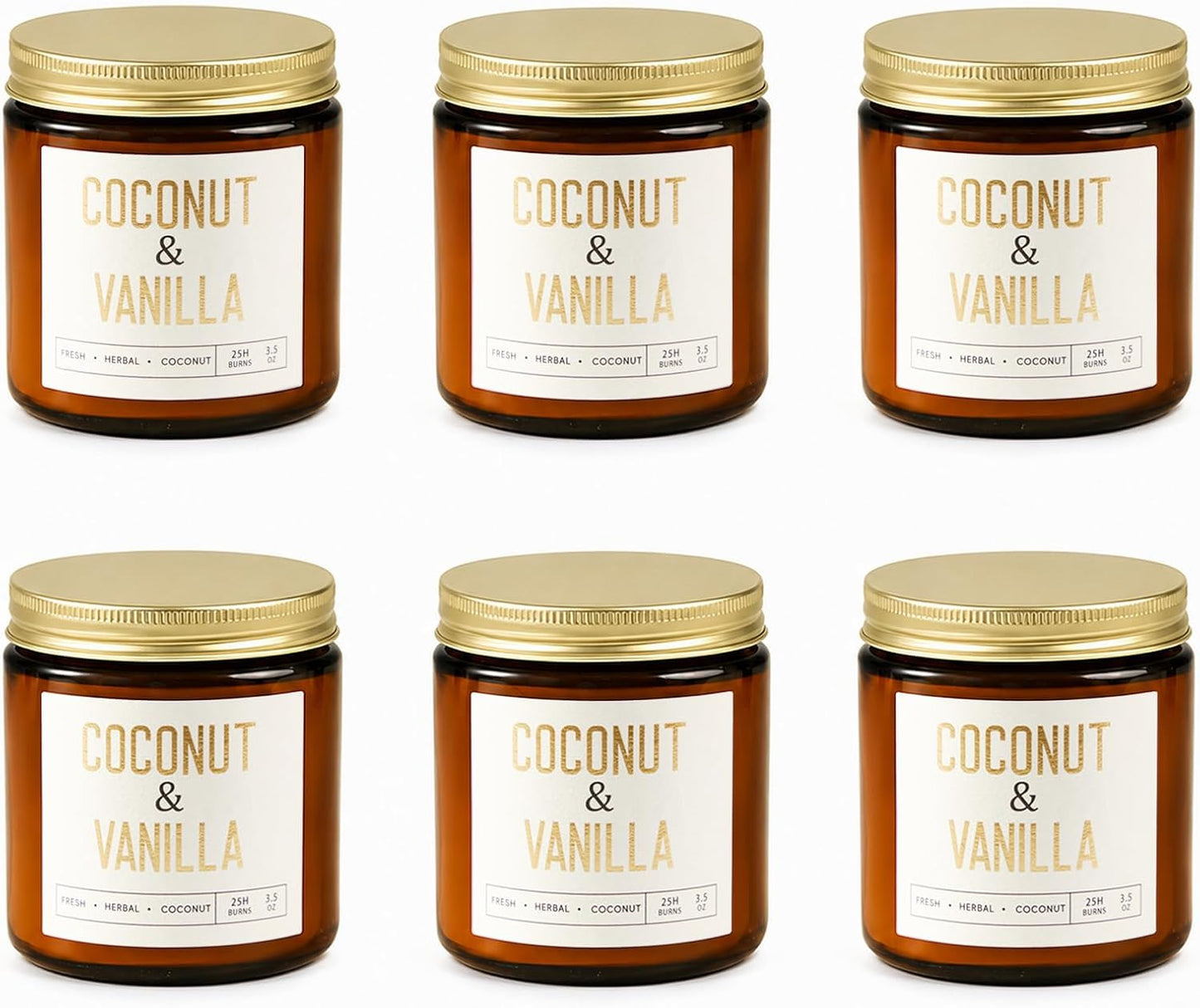 Coconut Vanilla Candles, 6 Pack Scented Candles 3.5 oz Each, 21 oz Total Soy Candles in Amber Glass Jars, Aromatherapy Candle Set for Home, Bathroom, Gifts for Women and Mom