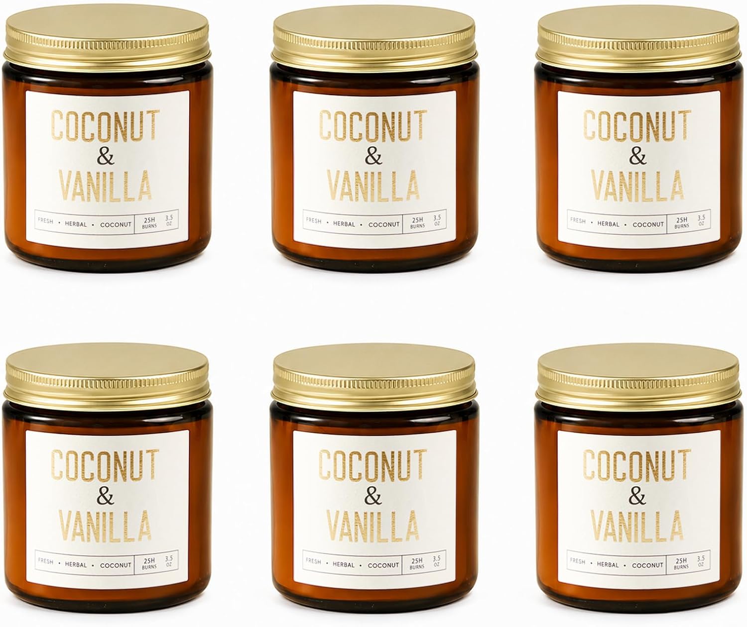 Coconut Vanilla Candles, 6 Pack Scented Candles 3.5 oz Each, 21 oz Total Soy Candles in Amber Glass Jars, Aromatherapy Candle Set for Home, Bathroom, Gifts for Women and Mom