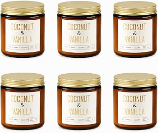 Coconut Vanilla Candles, 6 Pack Scented Candles 3.5 oz Each, 21 oz Total Soy Candles in Amber Glass Jars, Aromatherapy Candle Set for Home, Bathroom, Gifts for Women and Mom