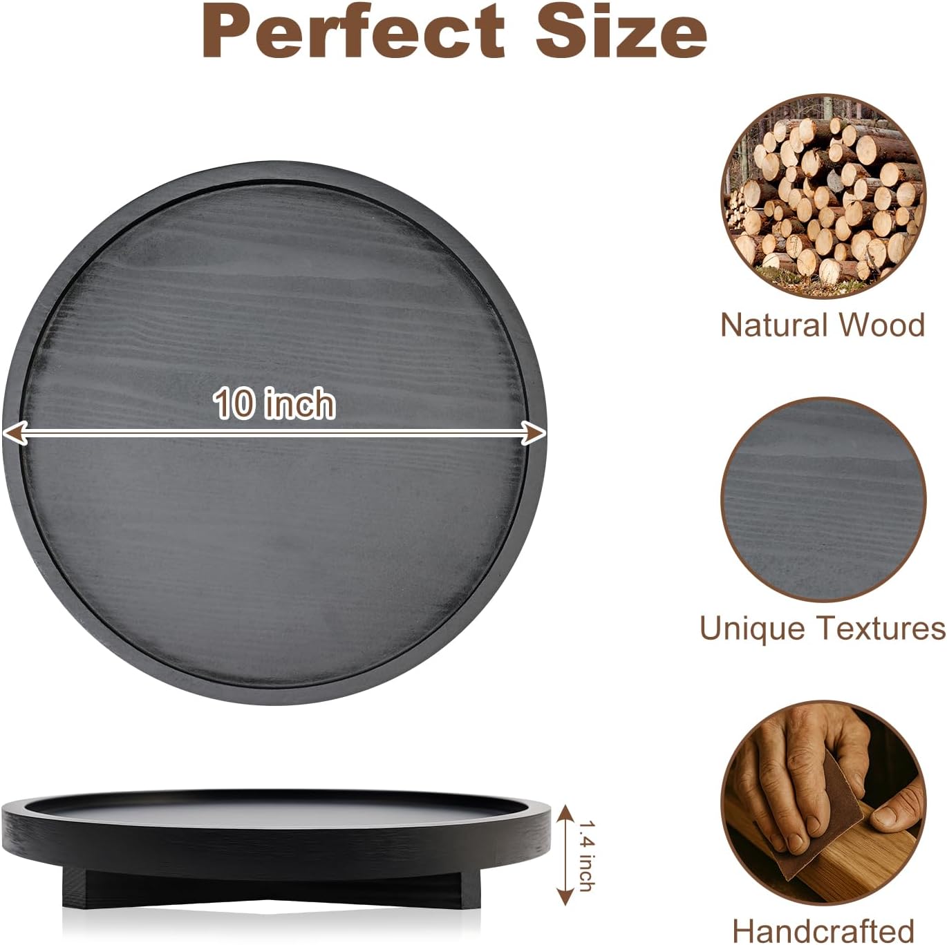 Black Decorative Wooden Tray for Kitchen Counter Bathroom Accessories Sink Vanity Trays Wood Riser Candle Pedestal Stand for Perfume Soap Trays Round Dining Coffee Table Small Rustic Home Decor Tray
