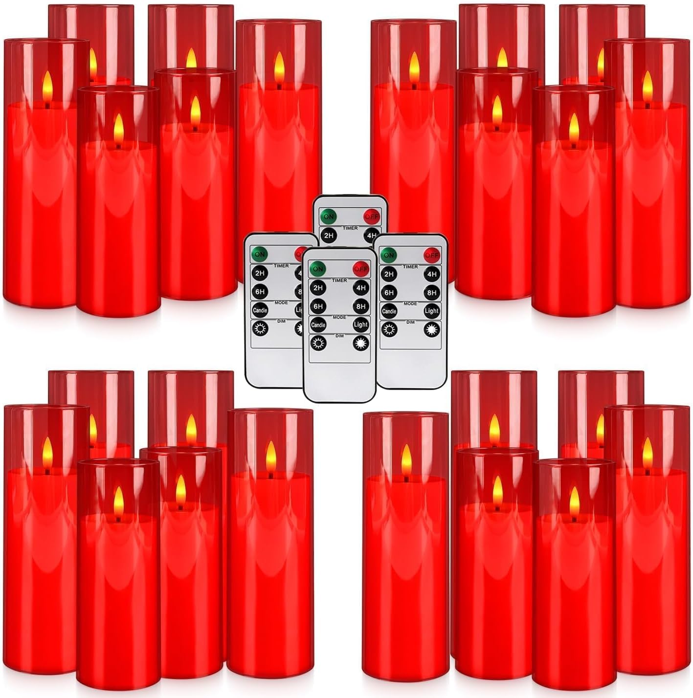 24-Pack Red Acrylic Flameless LED Candles with Remote Control - Realistic Flickering Battery - Operated Candles for Valentine's Day,Home Decor, Weddings, and Parties.