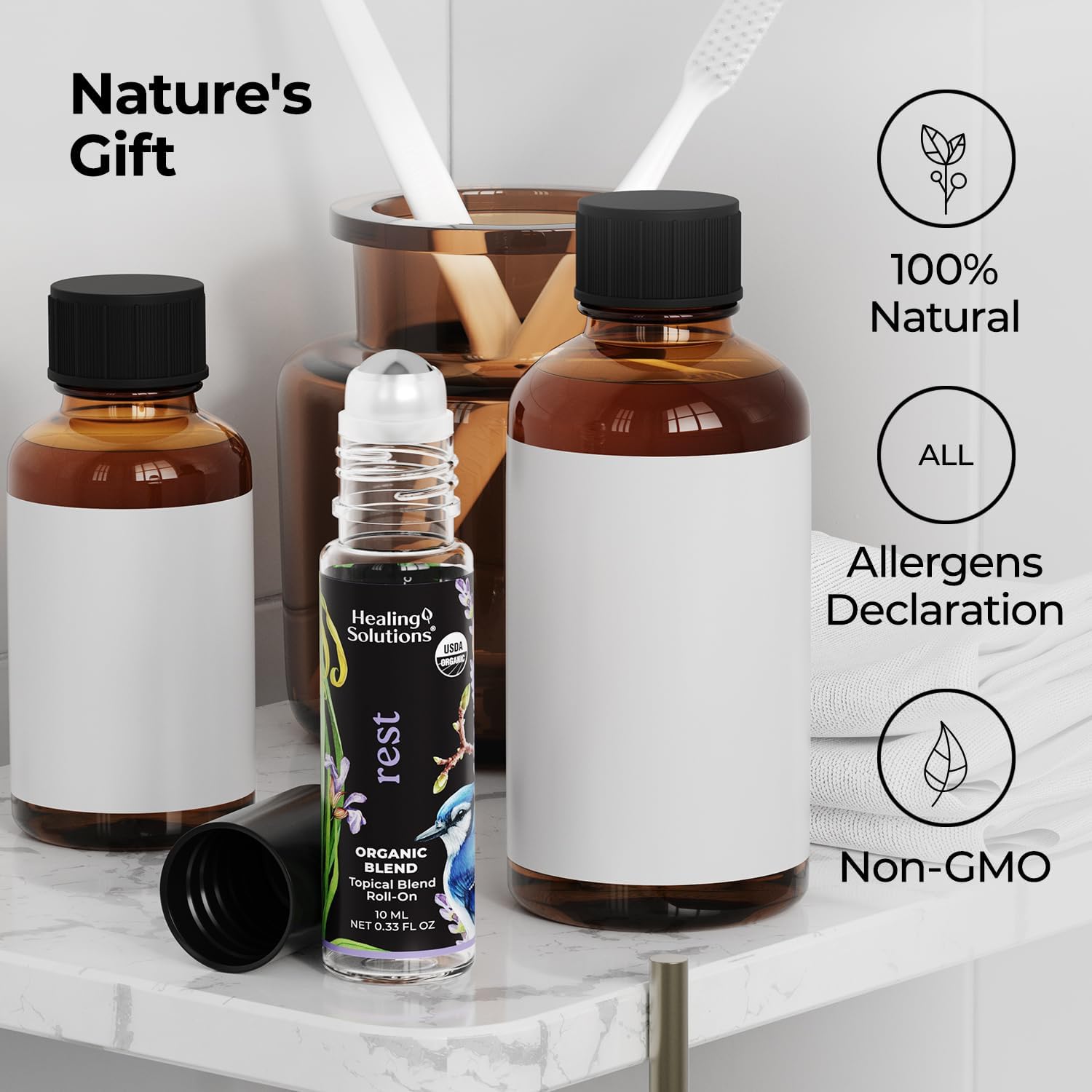 Healing Solutions - Organic Rest Blend Essential Oil Roll on Perfume, Calm, Sleep, Essential Oil Roller, Body Oil, Aromatherapy USDA Certified - 10ml