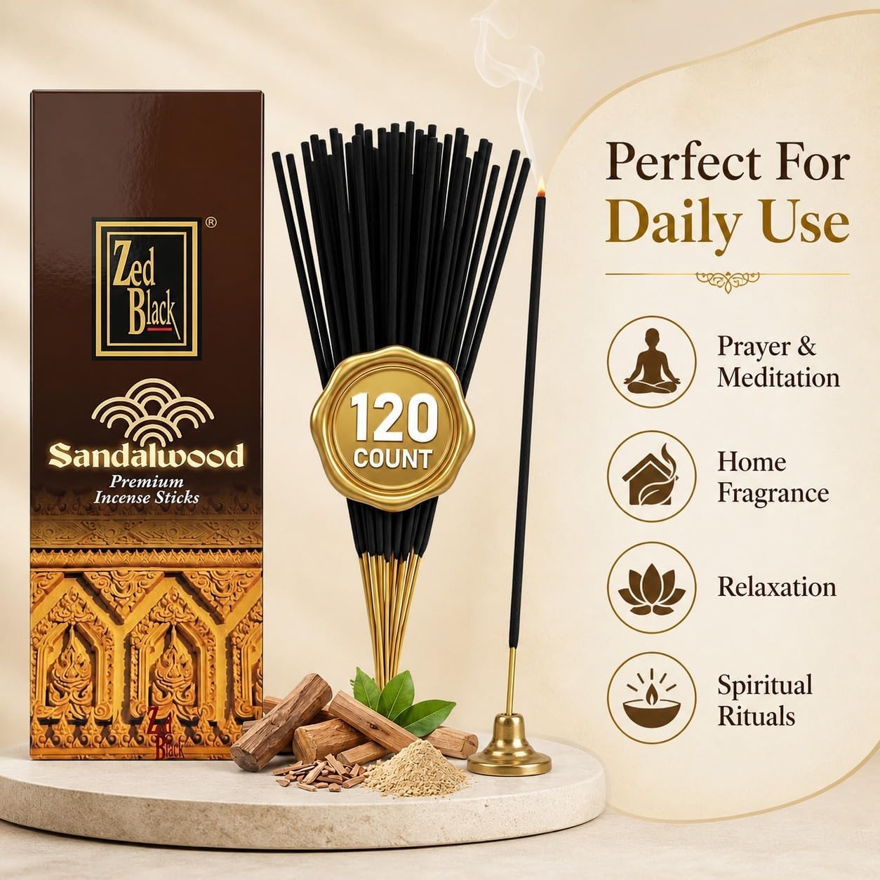 Sandalwood Incense Sticks -120 Count | Hand-Rolled, Long-Lasting Sandalwood Aroma | Ideal for Meditation, Relaxation, Yoga & Spiritual Balance I Zed Black