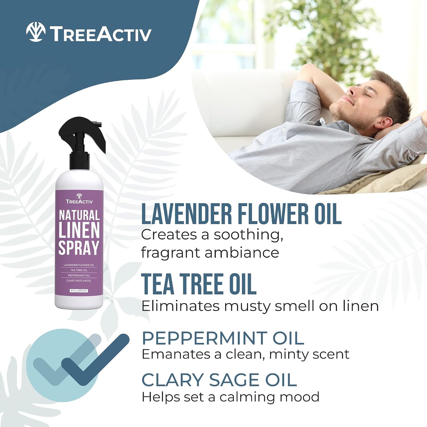 TreeActiv Natural Linen Spray, 8 fl oz, Lavender for Sleep, Beddings, Pillows, and Sheets With Tea Tree, Pillow Mist Freshener, 2000+ Sprays