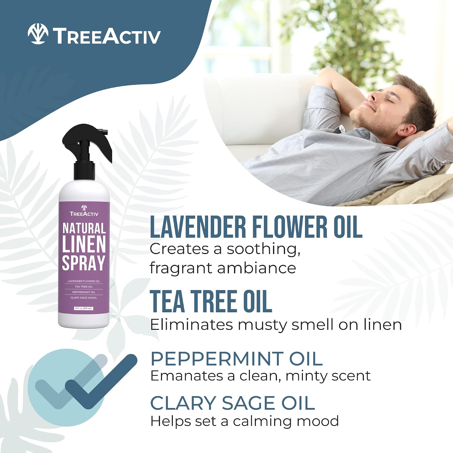 TreeActiv Natural Linen Spray, 8 fl oz, Lavender for Sleep, Beddings, Pillows, and Sheets With Tea Tree, Pillow Mist Freshener, 2000+ Sprays