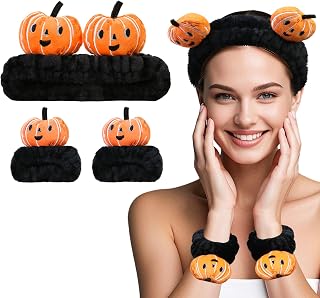Kawaii Spa Headband and Wristband Set for Women Girls, Cute Halloween Skincare Headbands for Face Washing, Fluffy Makeup Headband for Washing Face, Bath, Shower and Beauty, Black Pumpkin