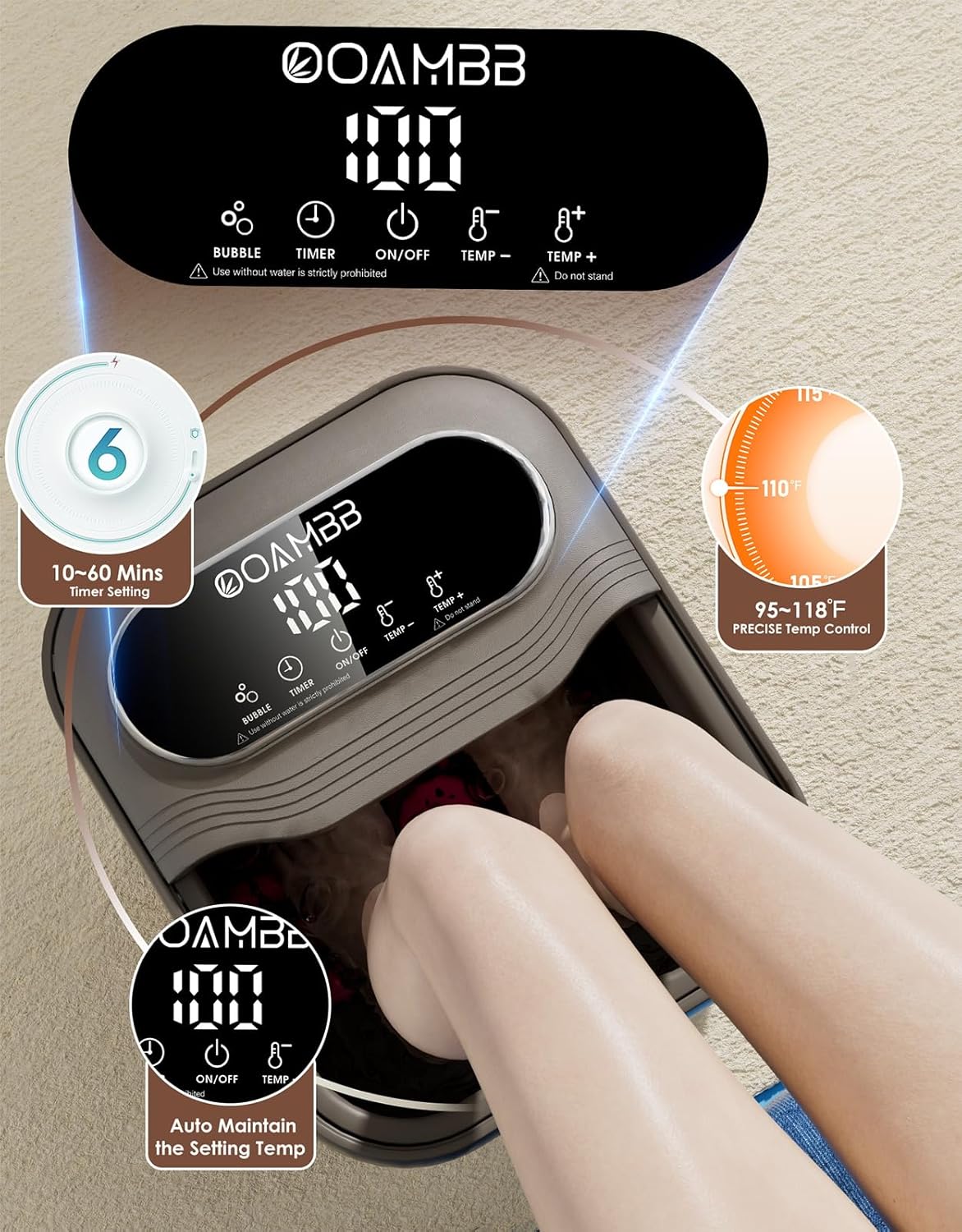 OOAMBB Collapsible Foot Spa with Heat, Bubble and Temp Control, Foot Bath Massager with XL Touch Screen and Massage Rollers, Foot Soaking Tub, Pedicure Foot spa for Stress Relief (Dark Grey +Green)