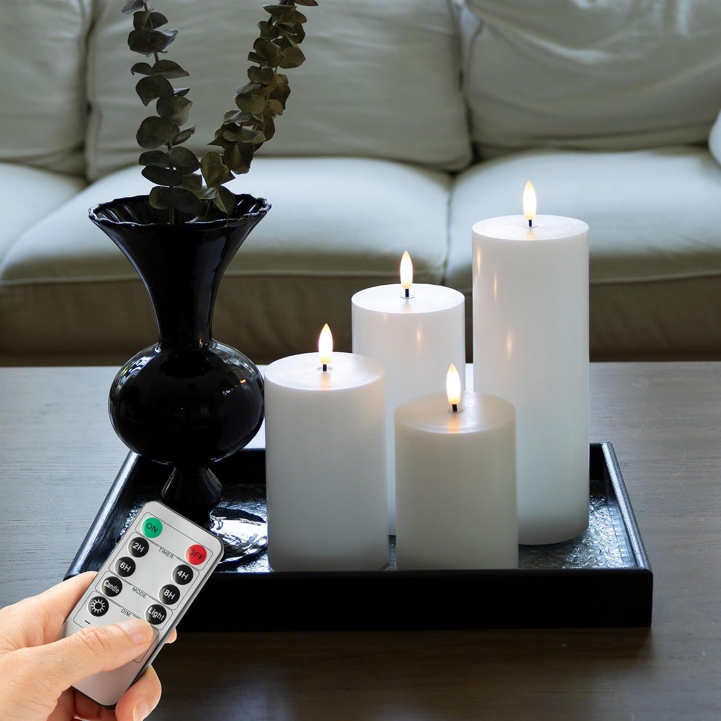 White Flameless Pillar Candles, Battery Operated Wax Candles with Remote, Flat Top Flickering Flameless Candles, LED Candle for Home, Wedding, Party Decor, Set of 4, Φ 3" H 4" 5" 6" 8"