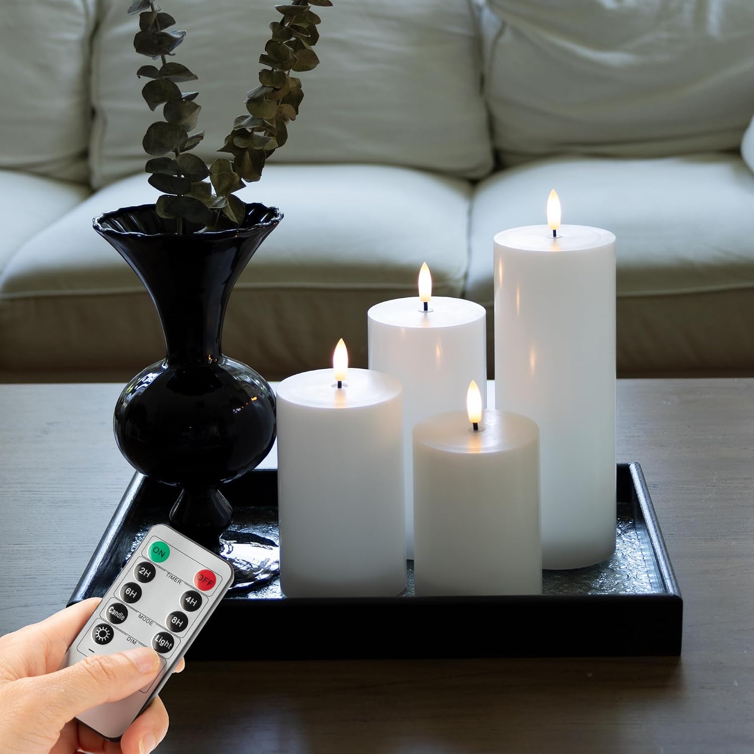 White Flameless Pillar Candles, Battery Operated Wax Candles with Remote, Flat Top Flickering Flameless Candles, LED Candle for Home, Wedding, Party Decor, Set of 4, Φ 3" H 4" 5" 6" 8"