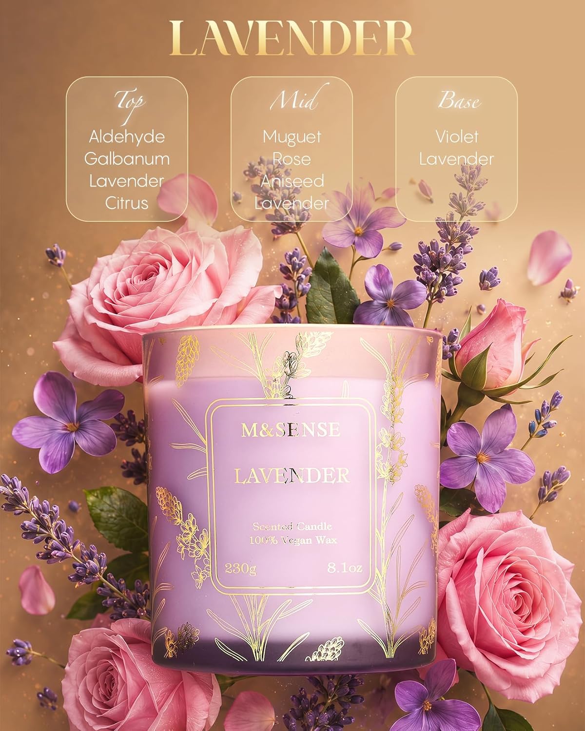 M&SENSE Lavender Candles Vegan Soy, 8.1oz Lavender Scented Candles for Summer Relaxing Bathtub Aromatherapy Calming Sleep, 42-Hour Long Lasting Candle Non Toxic for Home, Fancy Gifts for Women & Men