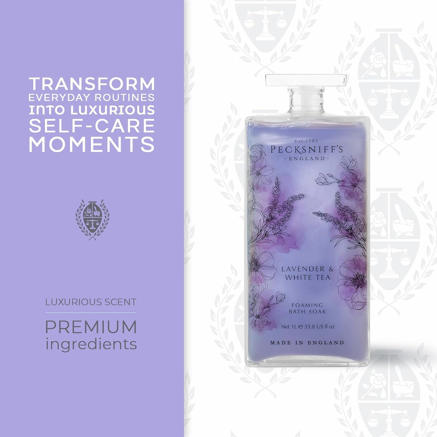 Pecksniff’s Lavender & White Tea Foaming Bath Soak – Luxury Bubble Bath, 1L / 33.8 fl oz, Made in England