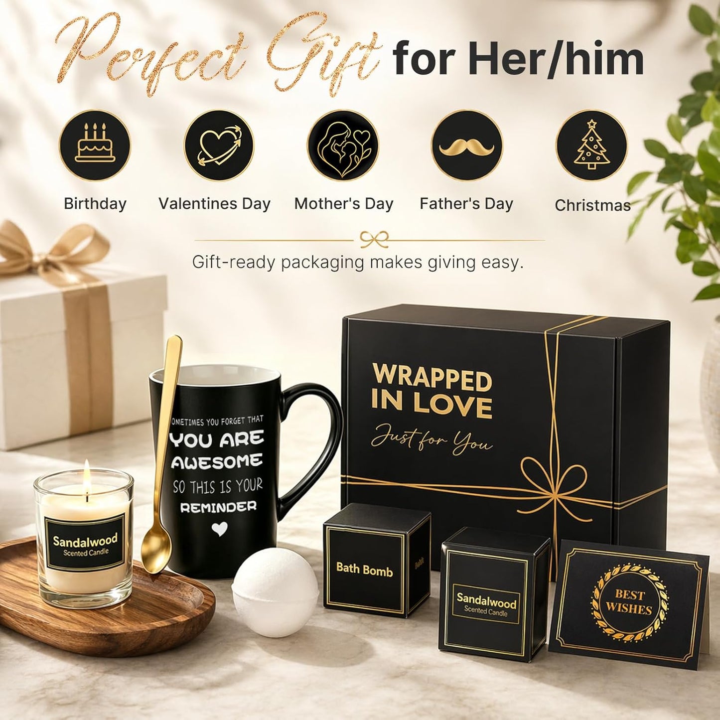 Birthday Gifts for Women Men: Unique Black Self Care Spa Relaxation Basket Set, Christmas, Valentines Day for Her Him Coworker Friend Teacher, Fathers Day for Dad Husband Grandpa Brother Boyfriend