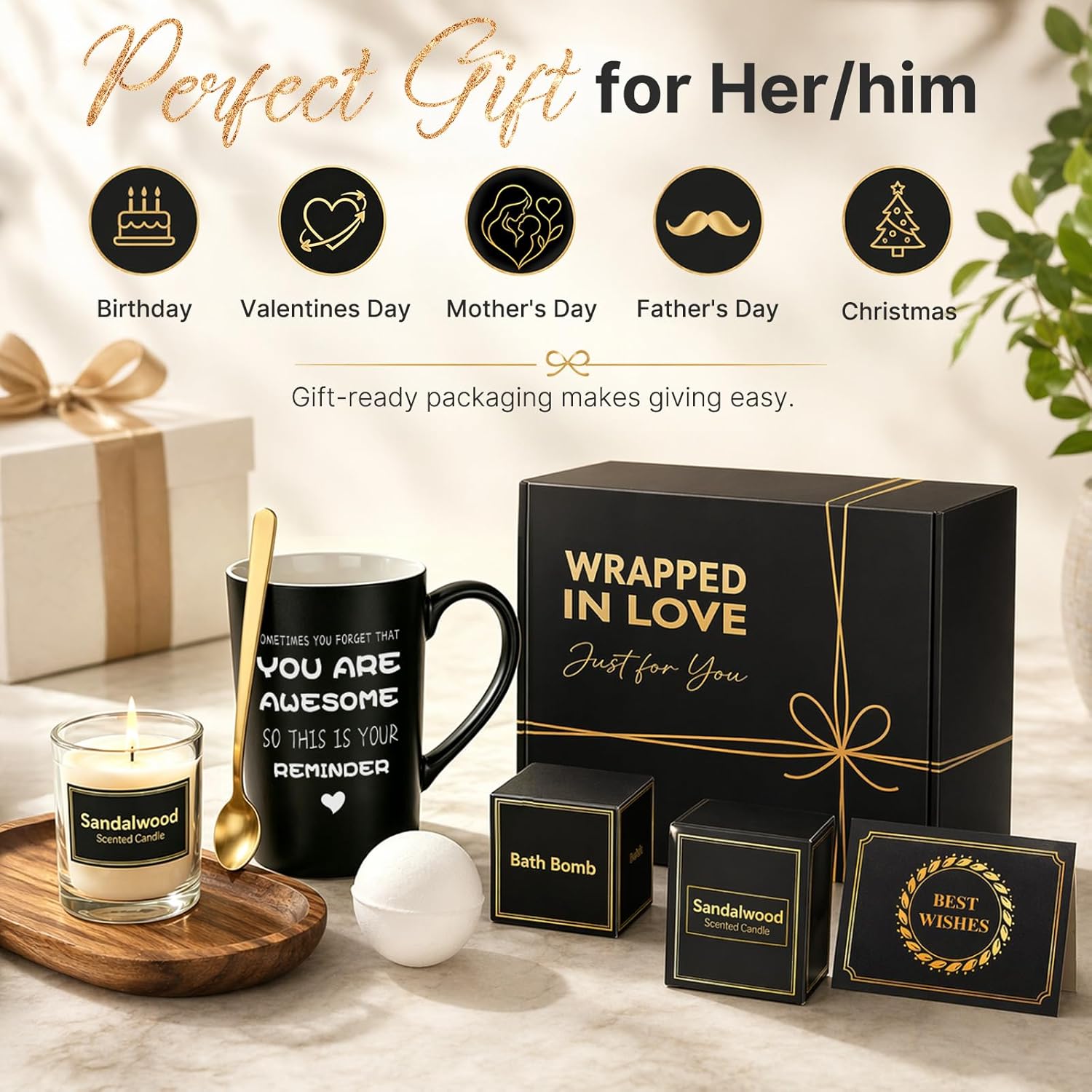 Birthday Gifts for Women Men: Unique Black Self Care Spa Relaxation Basket Set, Christmas, Valentines Day for Her Him Coworker Friend Teacher, Fathers Day for Dad Husband Grandpa Brother Boyfriend