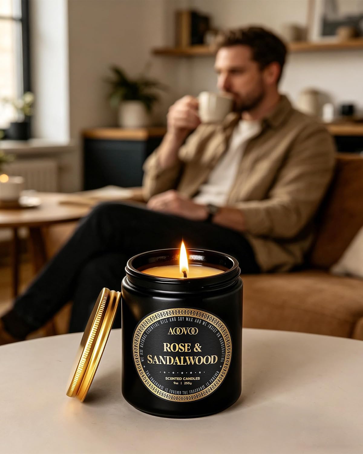 AOOVOO Scented Candles for Men - 4 Pack Candles for Home Scented, 36oz Soy Wax, 200 Hour Burn Time, Men Candle Set, Rose Sandalwood/Whiskey Caramel/Lavender/Leather Candle Set T
