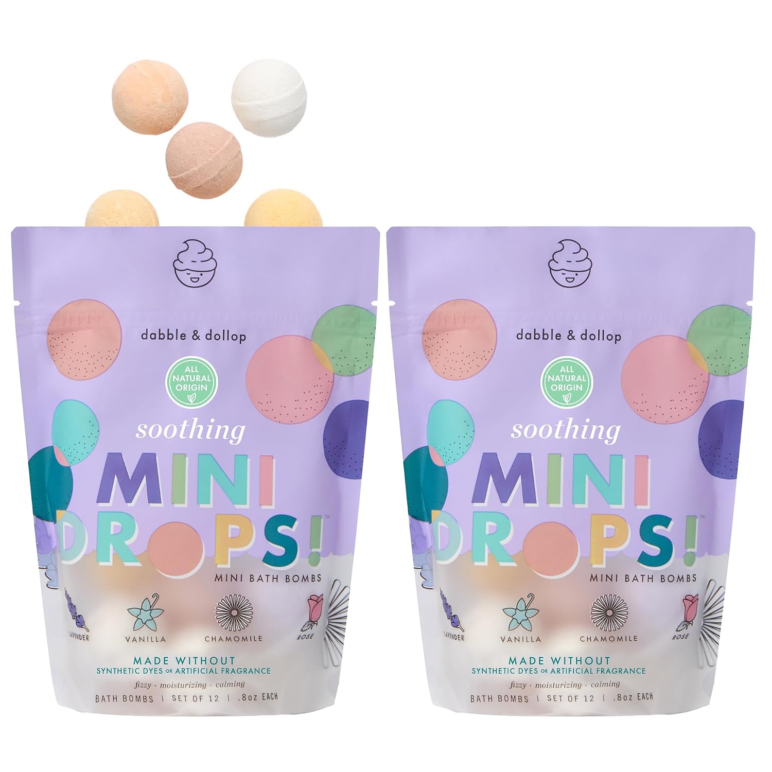 Dabble & Dollop Mini Bath Bombs, Soothing Scents - Natural Origin, Mixable Scents, Clean Ingredients, No Synthetic Dyes, Toddler & Kids Bath Bombs in Resealable Pouches (Set of 24)