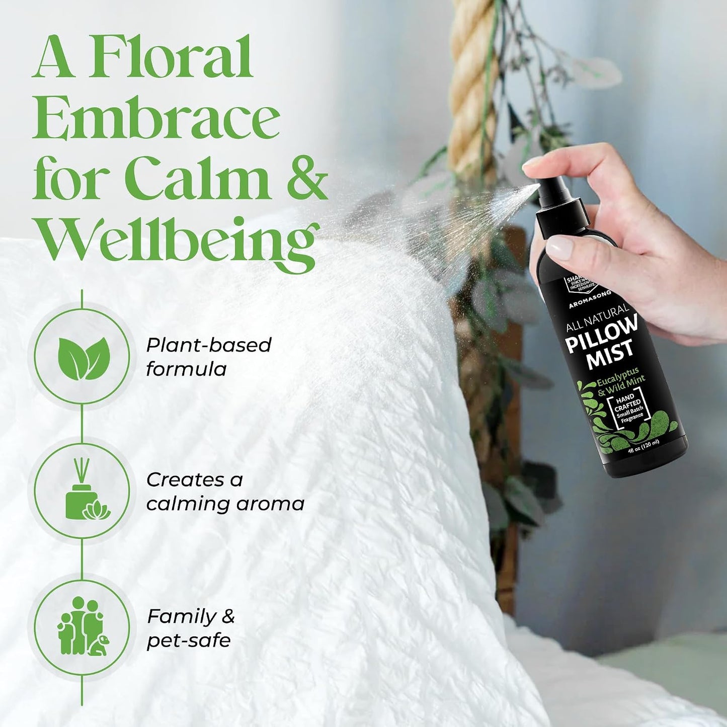 Aromasong Eucalyptus & Wild Mint Pillow Spray - All Natural Calming Linen & Bedtime Mist for Deep Sleep - Aromatherapy Essential Oils for Sleeping