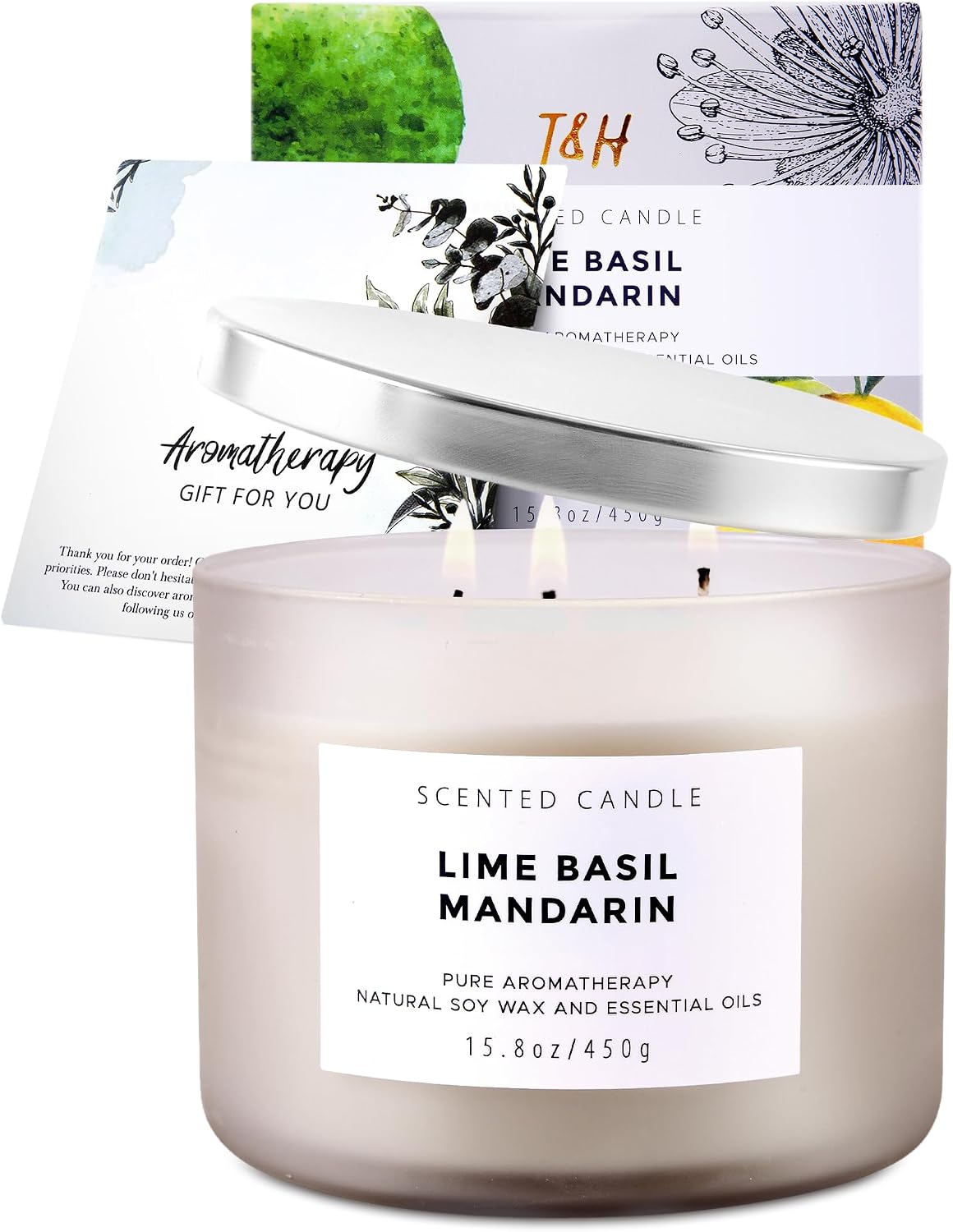 Lime Basil Mandarin 3-Wick Soy Candle | 15.8 oz Large Scented Candle for Home | Clean Burn Long Lasting | Fresh Herbal Citrus Scent | Gift Ready