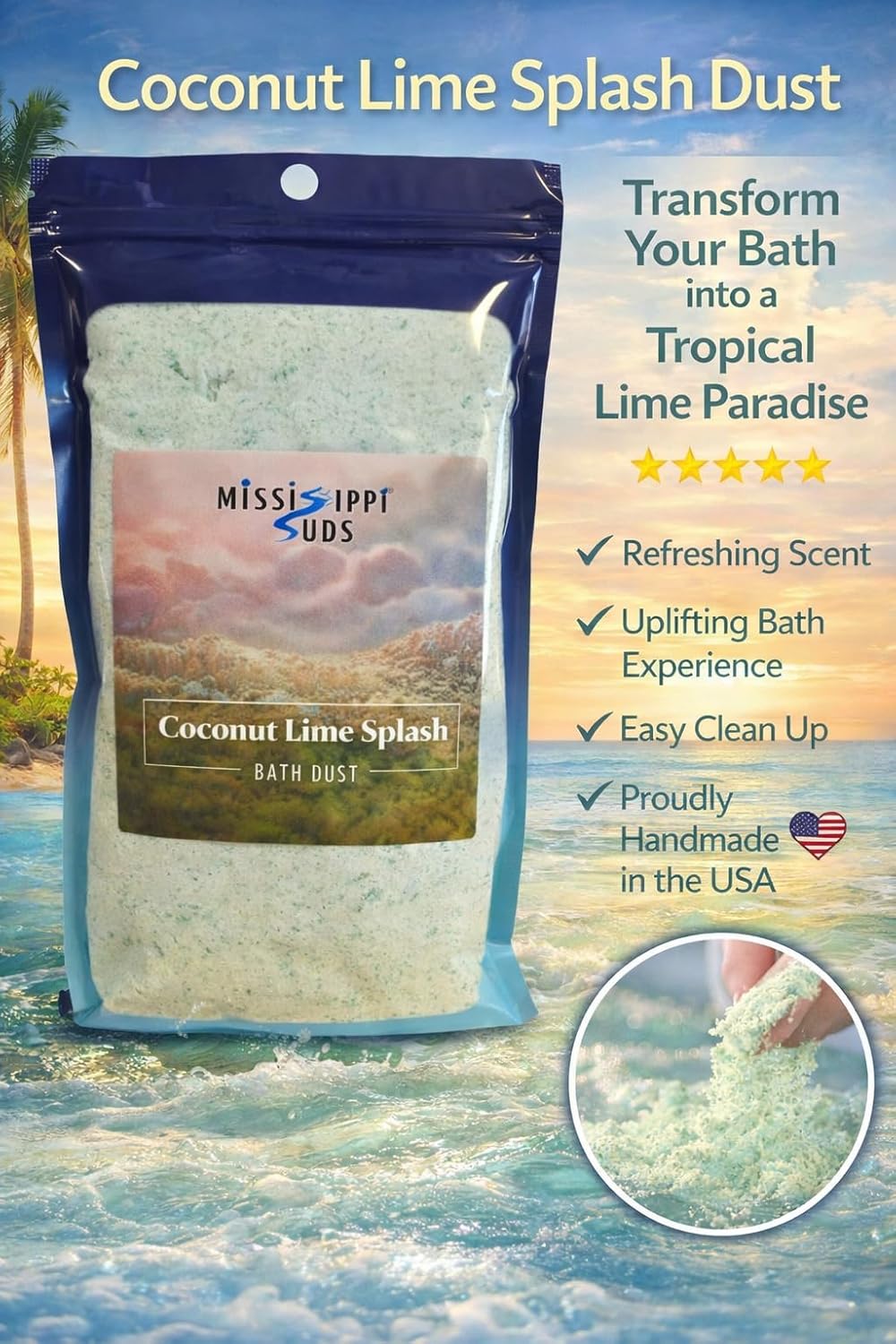 Bath Bomb Dust for Kids, Women, Powder, Salts, Goat Milk Soak, Fizzies, Ginger, Bubbles, Fizz, Mississippi Suds (Coconut Lime Splash)