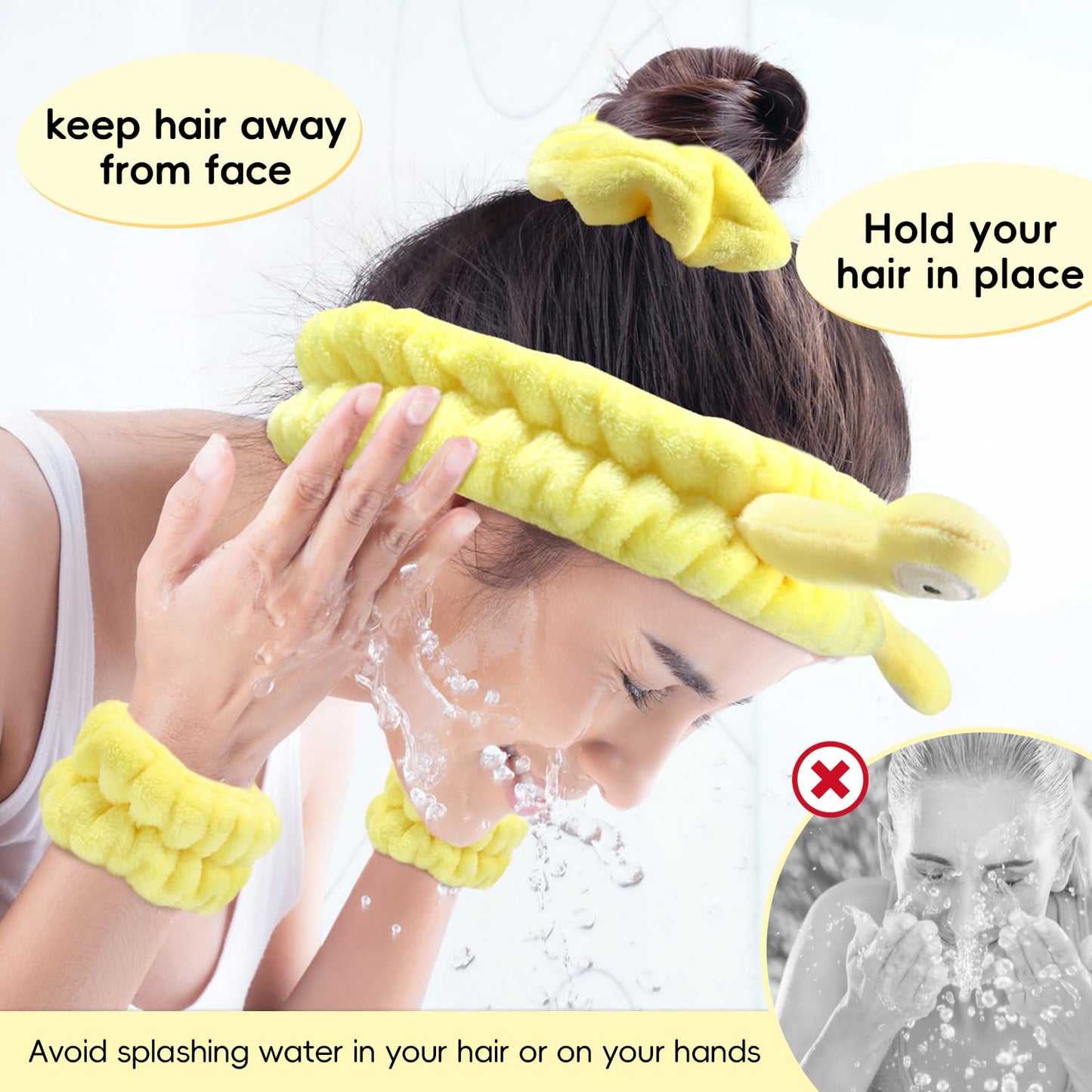 Face Wash Headband, Skincare Wrist Bands for Washing Face Set Spa Hair Bands Gift for Women Girls with a Hair Scrunchie, Cute Yellow snail tentacle Elastic Headband, for Face Washing Makeup Skincare