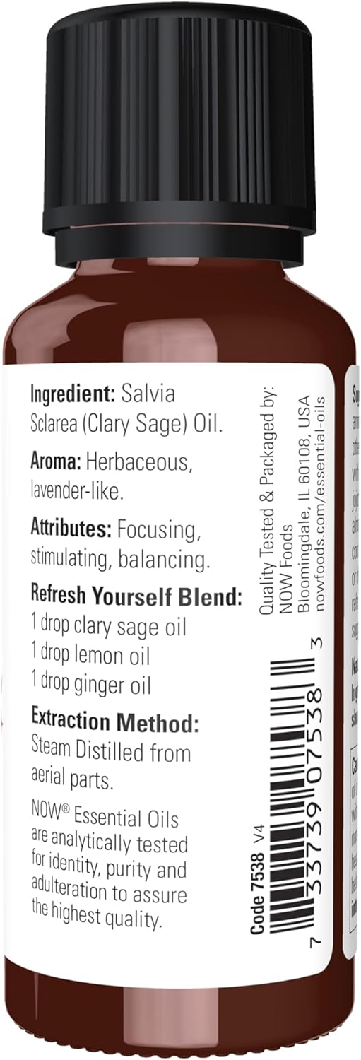 NOW Essential Oils, Clary Sage Oil, Focusing Aromatherapy Scent, Steam Distilled, 100% Pure, Vegan, Child Resistant Cap, 1-Ounce