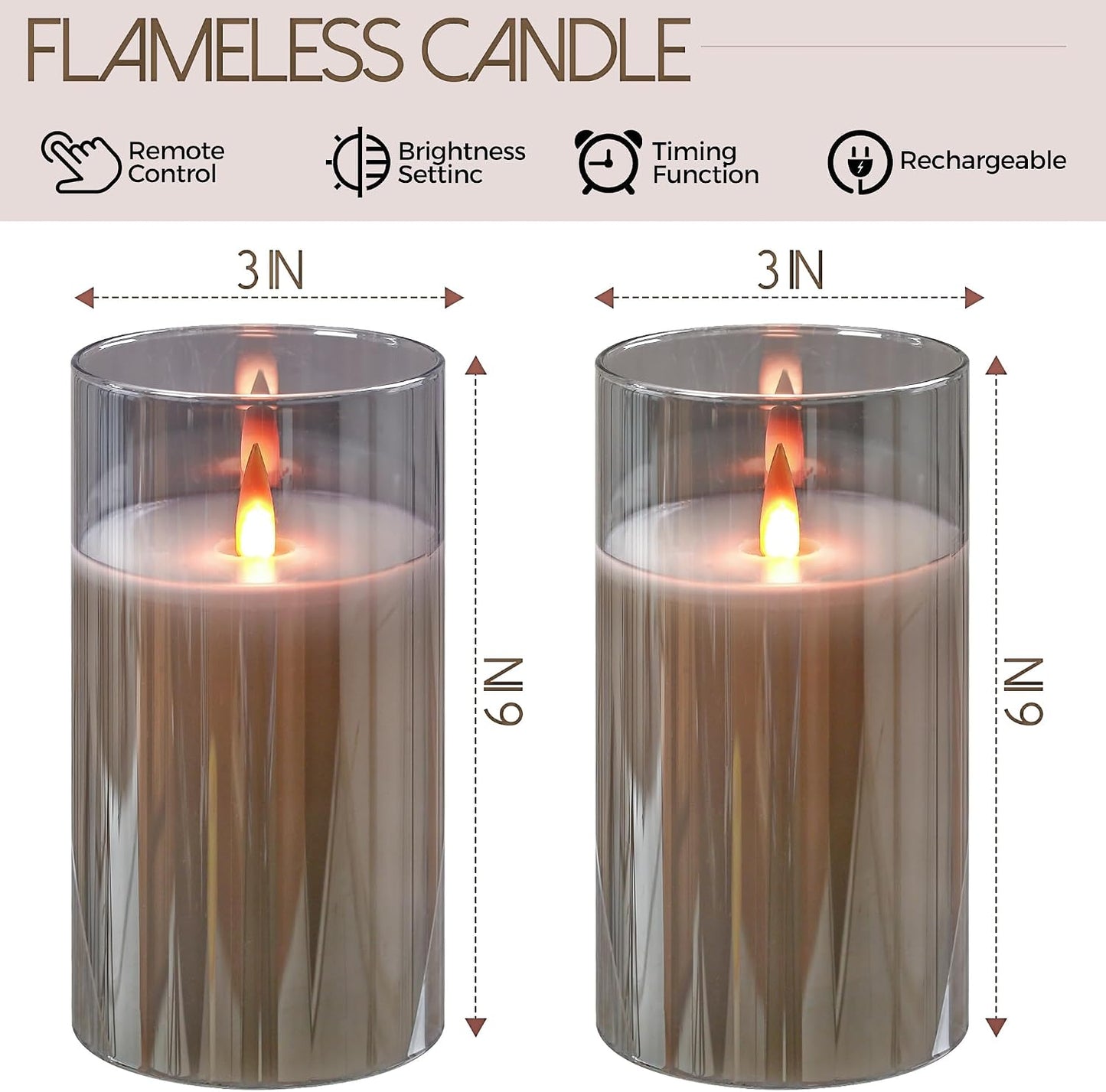 Rechargeable Flickering flameless Candles, USB Rechargeable Candles, Acrylic LED Pillar Candles, with Remote Control Timer, Gray (2-piece Set) for Home and Holiday Decoration