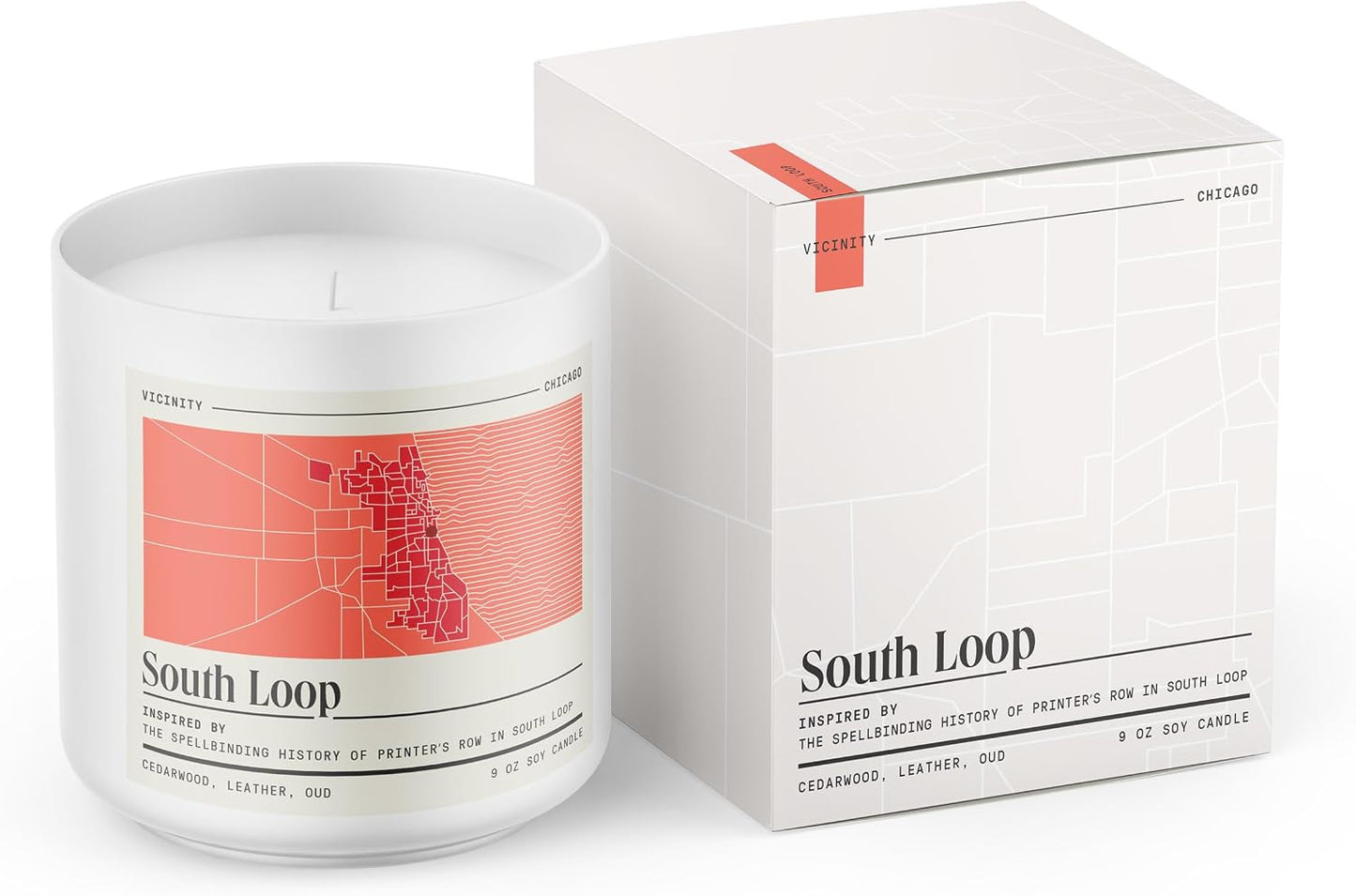 Vicinity South Loop, Hand-Poured Soy Candle | Cedarwood, Leather & Oud | 9 oz, 45-50 Hour Burn | Gift Ready | Woman-Owned