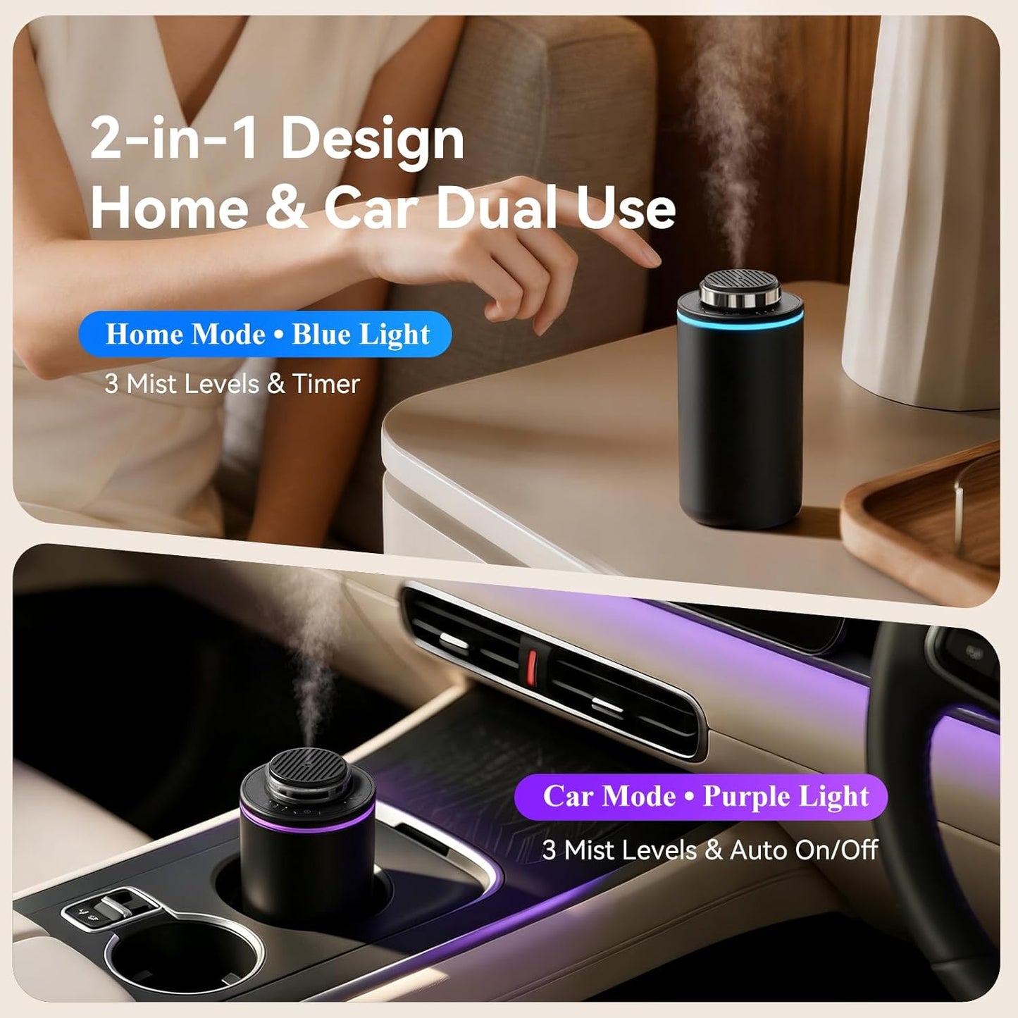 Essential Oil Diffuser,15ml Waterless Scent Diffuser,Rechargeable Portable Travel Diffuser with 3 Mist Mode & Timers,Dual Color LED Light,Small Car Air Freshener for Home,Office,Car, Black