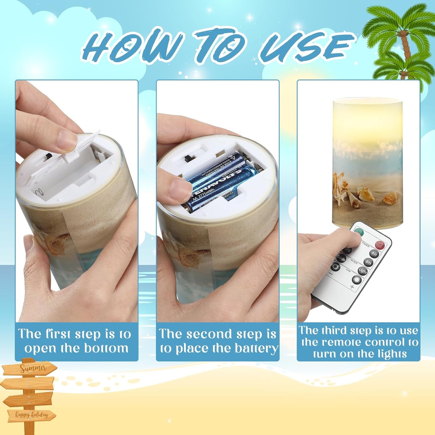 Tujoe 3 Pcs Summer Starfish Flameless Candles LED Battery Pillar Candles Set Battery Operated Flickering Candles Gifts with Remote Summer Decor for Holiday