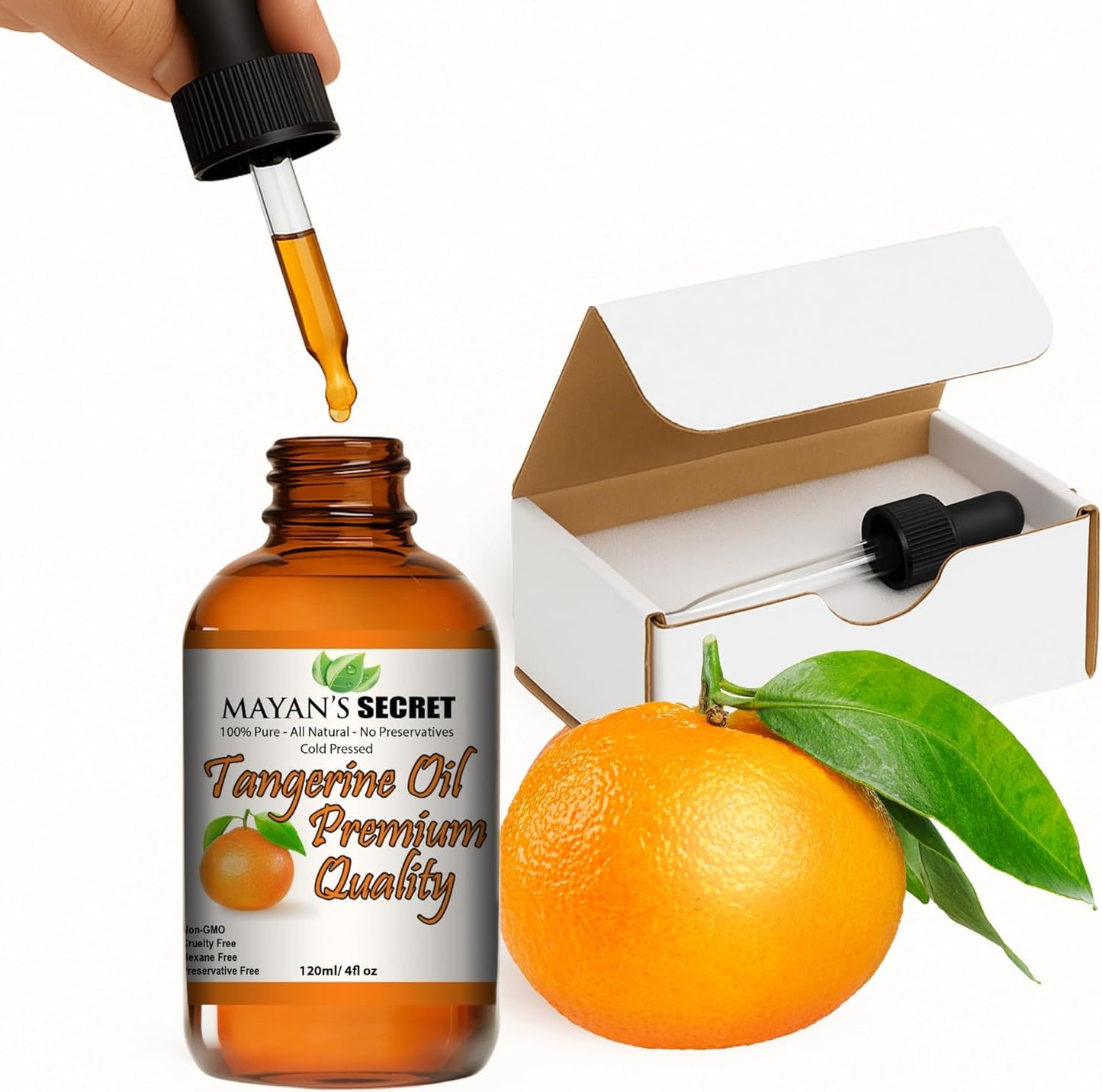 Mayan’s Secret Tangerine Essential Oil 4 oz 120ml Pure Cold Pressed Citrus Oil for Skin Hair Aromatherapy Diffuser Use Glass Dropper Bottle
