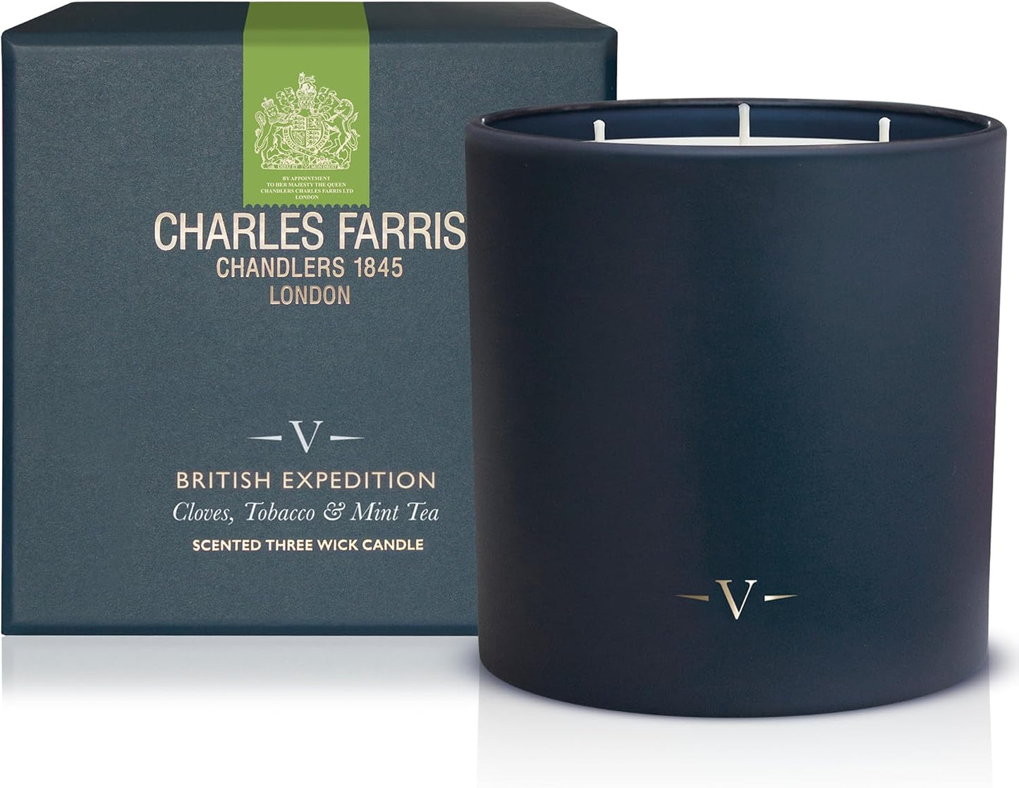 Charles Farris Luxury Scented Candle – 3 Wick, Hand-Poured, Long Lasting, Clean Burning, 640g / 22.5oz, Up to 80 Hours of Burn Time, Made in England – Cloves, Tobacco & Mint Tea – British Expedition
