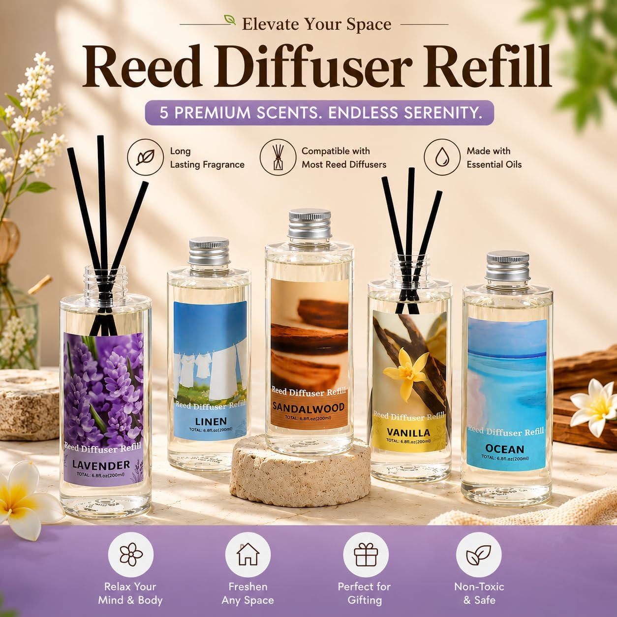 SCENTORINI Reed Diffuser Oil Refill, Sandalwood Diffuser Oil 6.76 Fl Oz, Natural Scented Essential Oil Refill Long Lasting Summer Home Fragrance for Bathroom Bedroom Spa Aromatherapy Home Decor