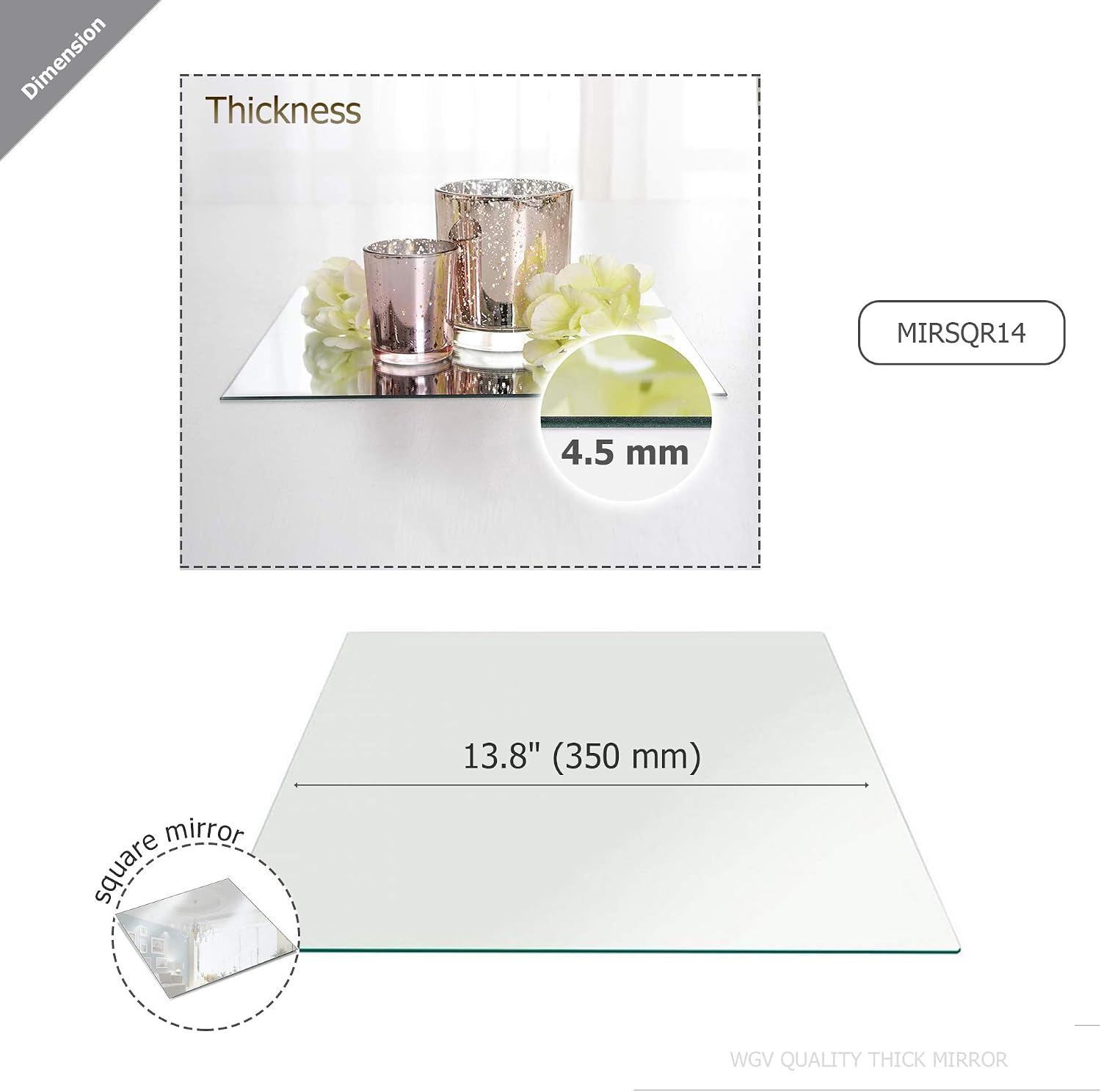 WGVI WGV Large Square Mirror Plate 14" Width, 4.5 mm Thickness, Frameless Sanded Edges, Quality Thick Candle Tray, Home Event Party Wedding Table Centerpiece Wall Decor, 1 Piece